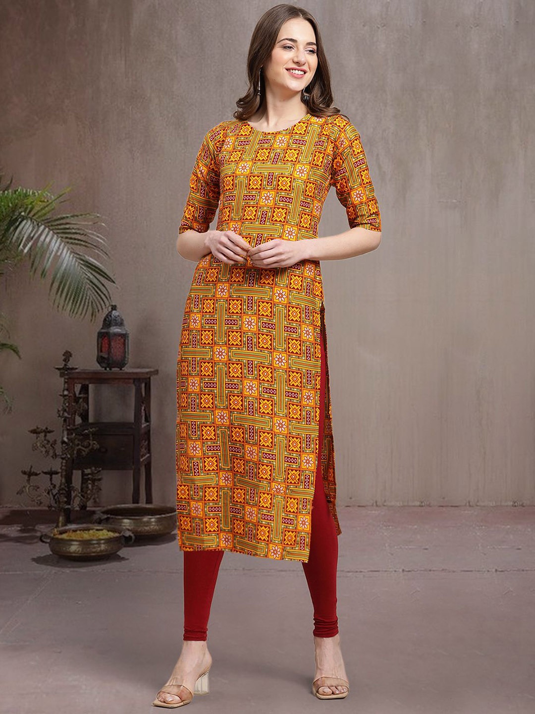 

7Threads Geometric Printed Round Neck Straight Crepe Kurta, Mustard