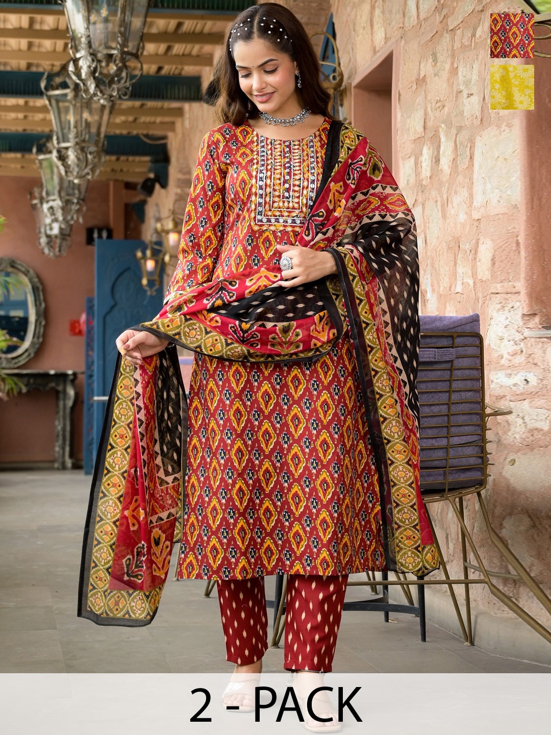 

KALINI Selection Of 2 Ethnic Motifs Straight Kurtas With Trousers And Dupattas, Red