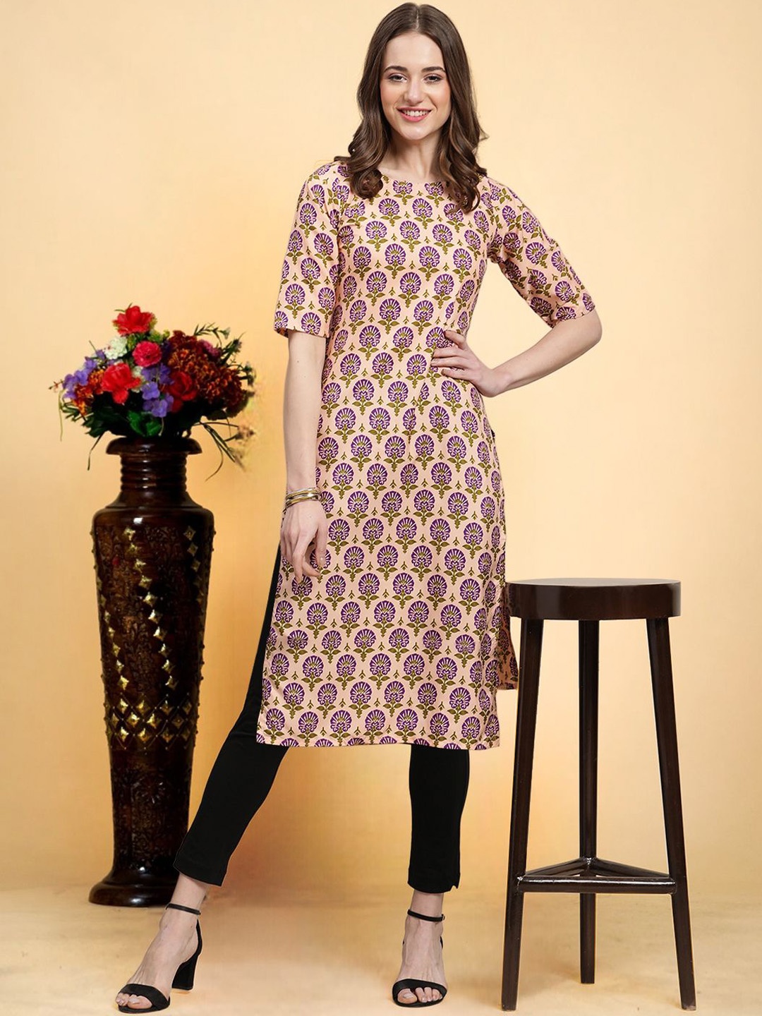 

7Threads Ethnic Motifs Printed Round Neck Crepe Straight Kurta, Beige