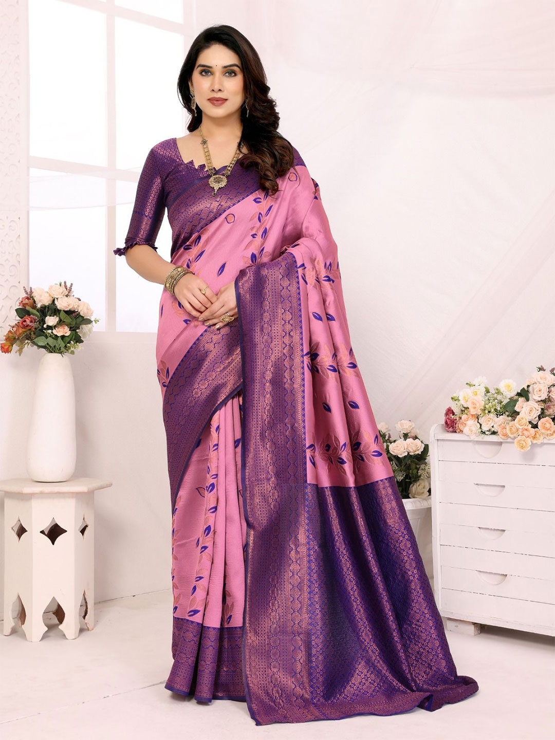 

DIKONA DESIGNER Woven Design Zari Kanjeevaram Saree, Pink