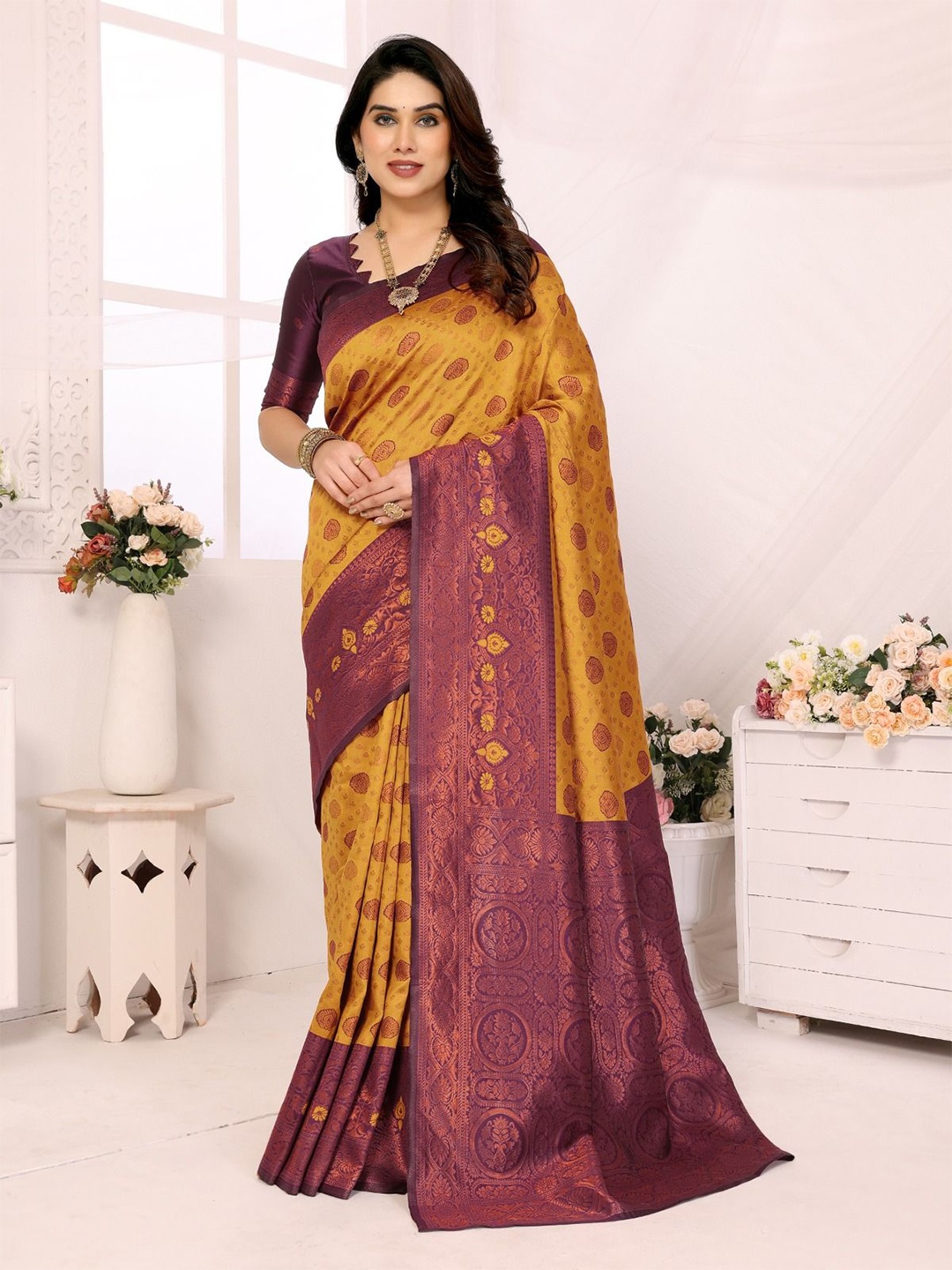 

DIKONA DESIGNER Woven Design Zari Kanjeevaram Saree, Mustard