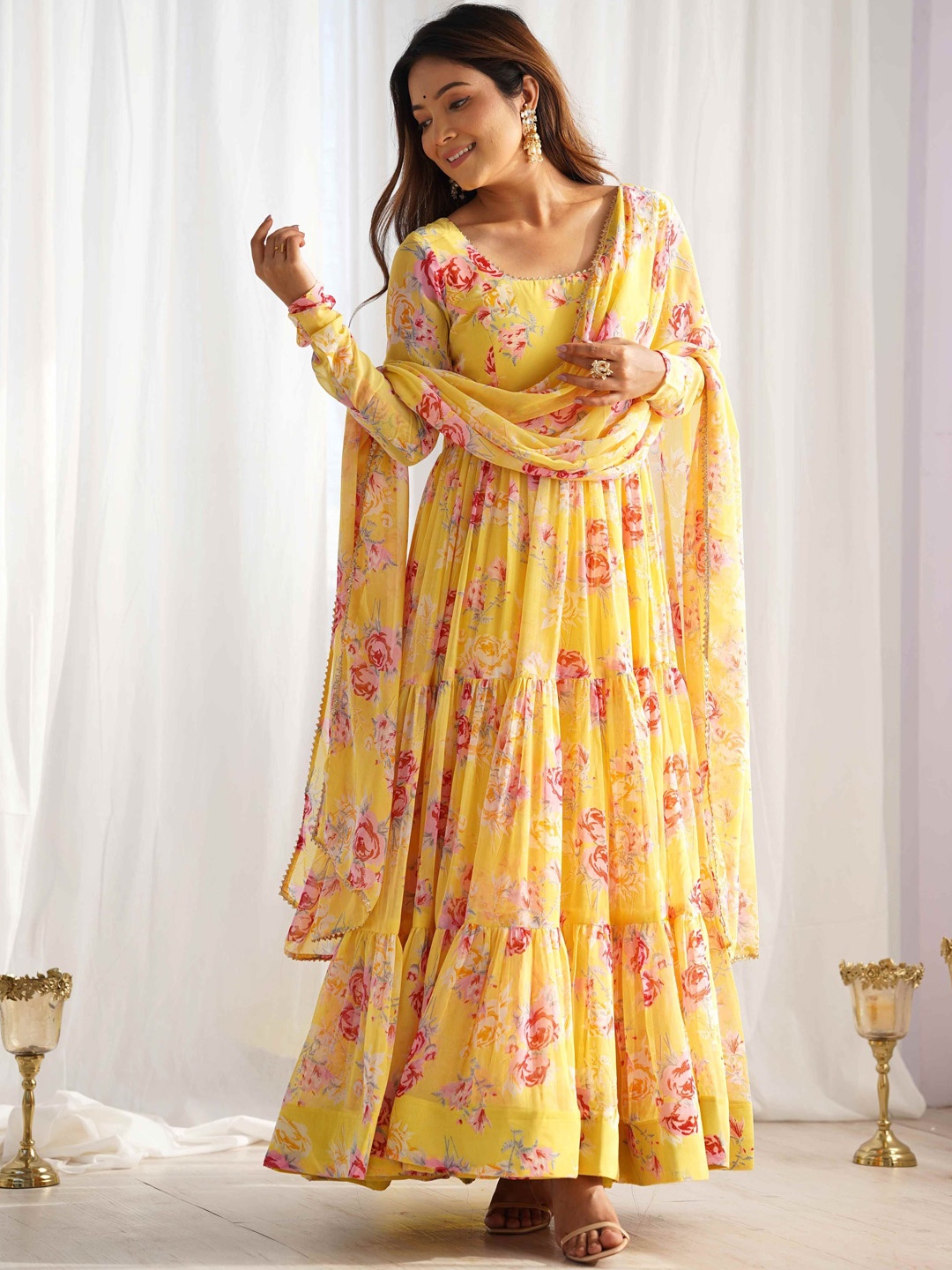 

Tanhai Floral Printed Fit & Flared Georgette Maxi Ethnic Dress With Dupatta, Yellow