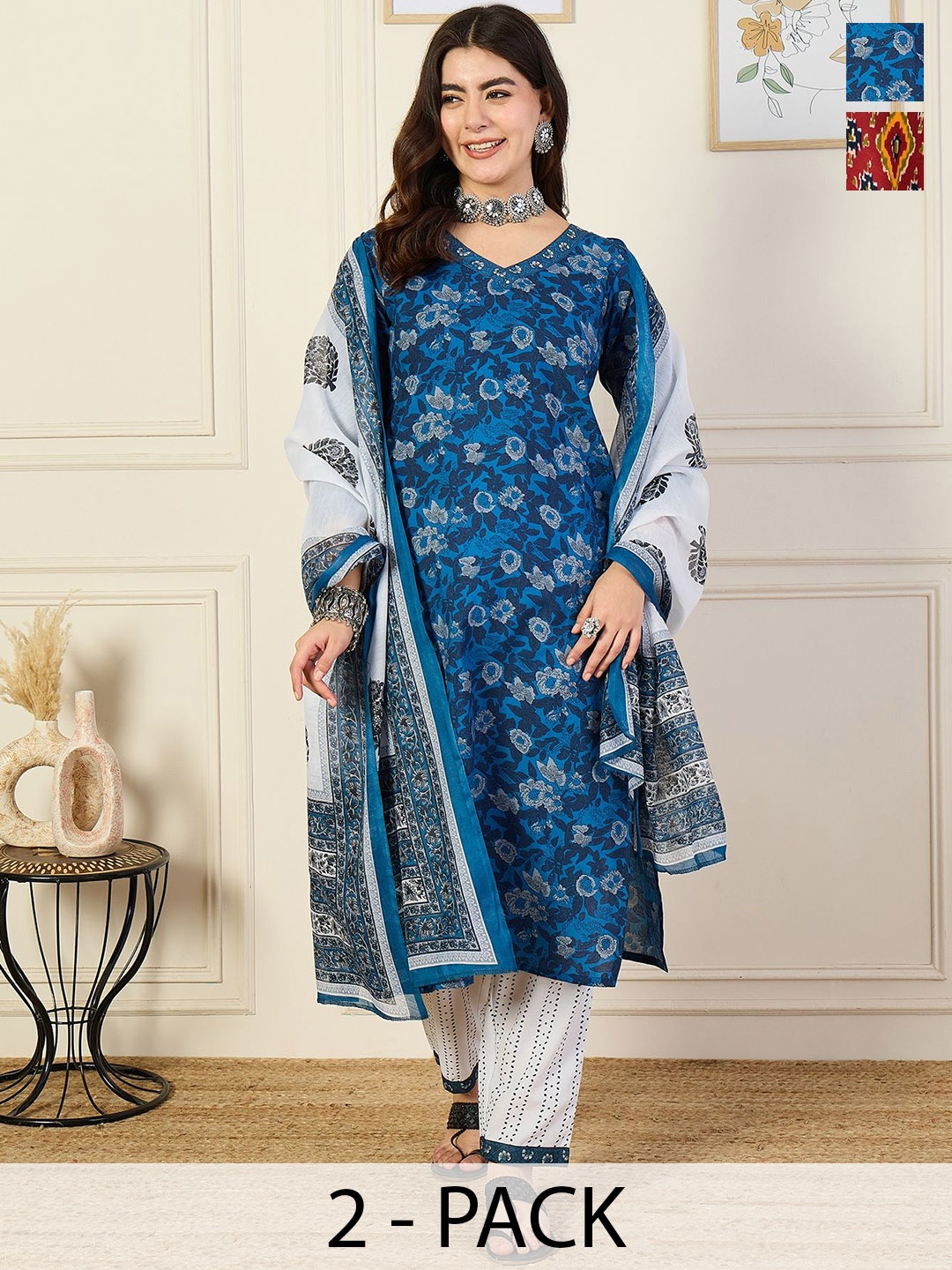 

KALINI Selection Of 2 Floral Printed V-Neck Straight Kurtas With Trousers And Dupattas, Blue
