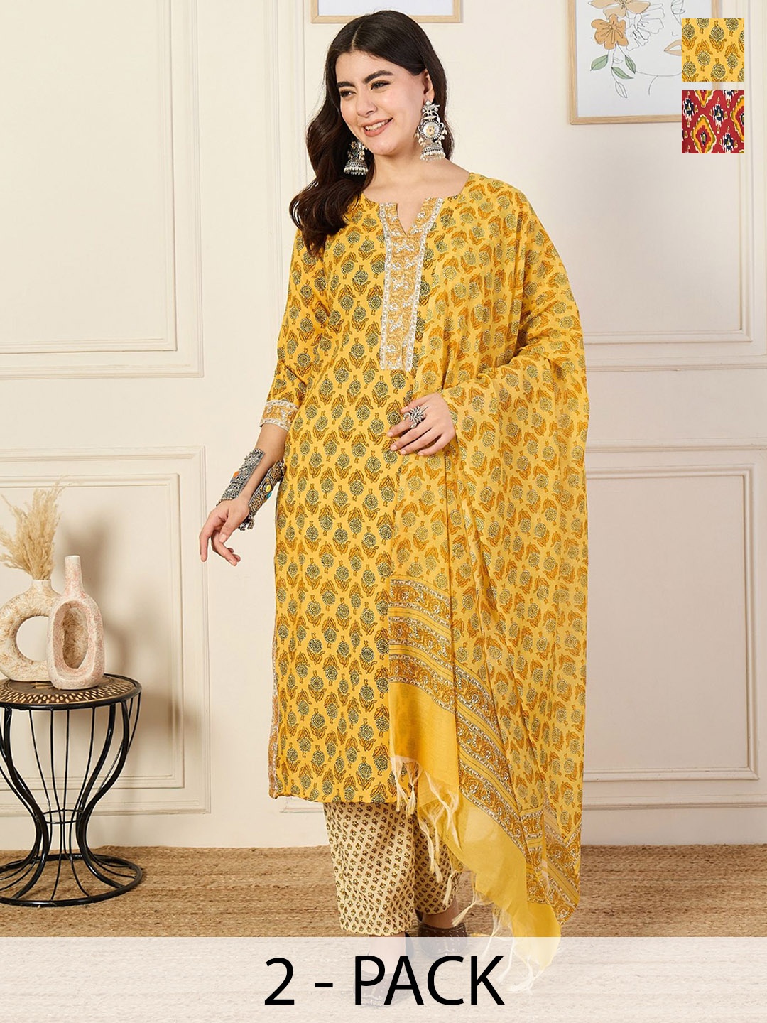 

KALINI Selection Of 2 Floral Printed Notch Neck Straight Kurtas With Trousers And Dupattas, Yellow