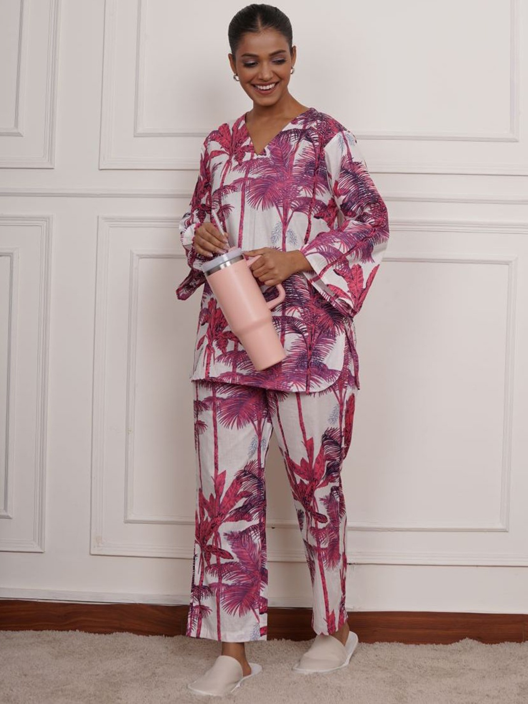 

The Quince Life Breezy Palm PJ Pure Cotton Co-Ord Set, Pink