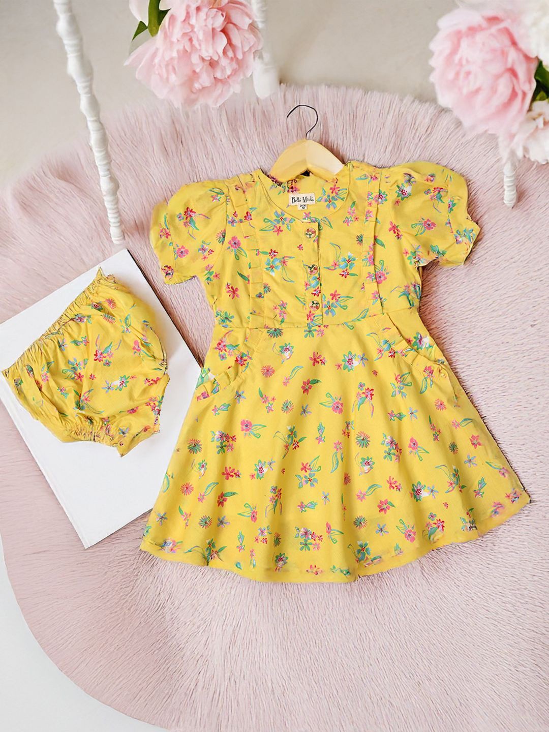 

Bella Moda Girls Floral Printed Cotton Fit & Flare Dress With Bloomer, Yellow