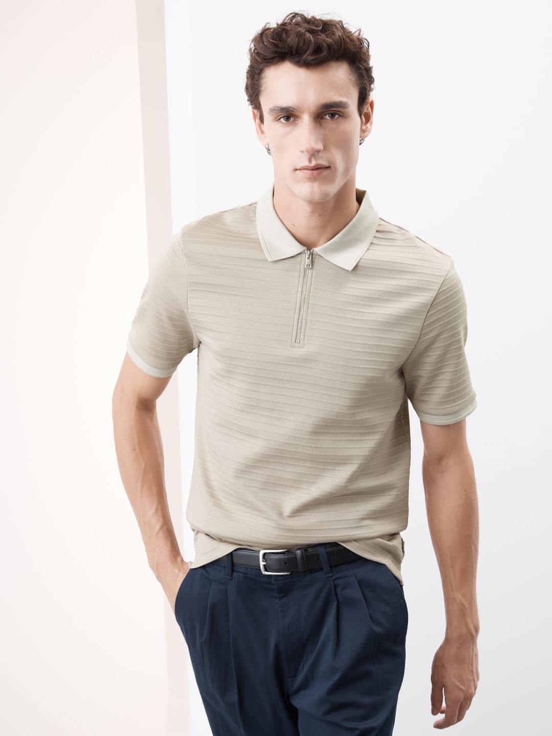 

Marks & Spencer Men Self Design Polo Collar Cotton T-shirt, Beige