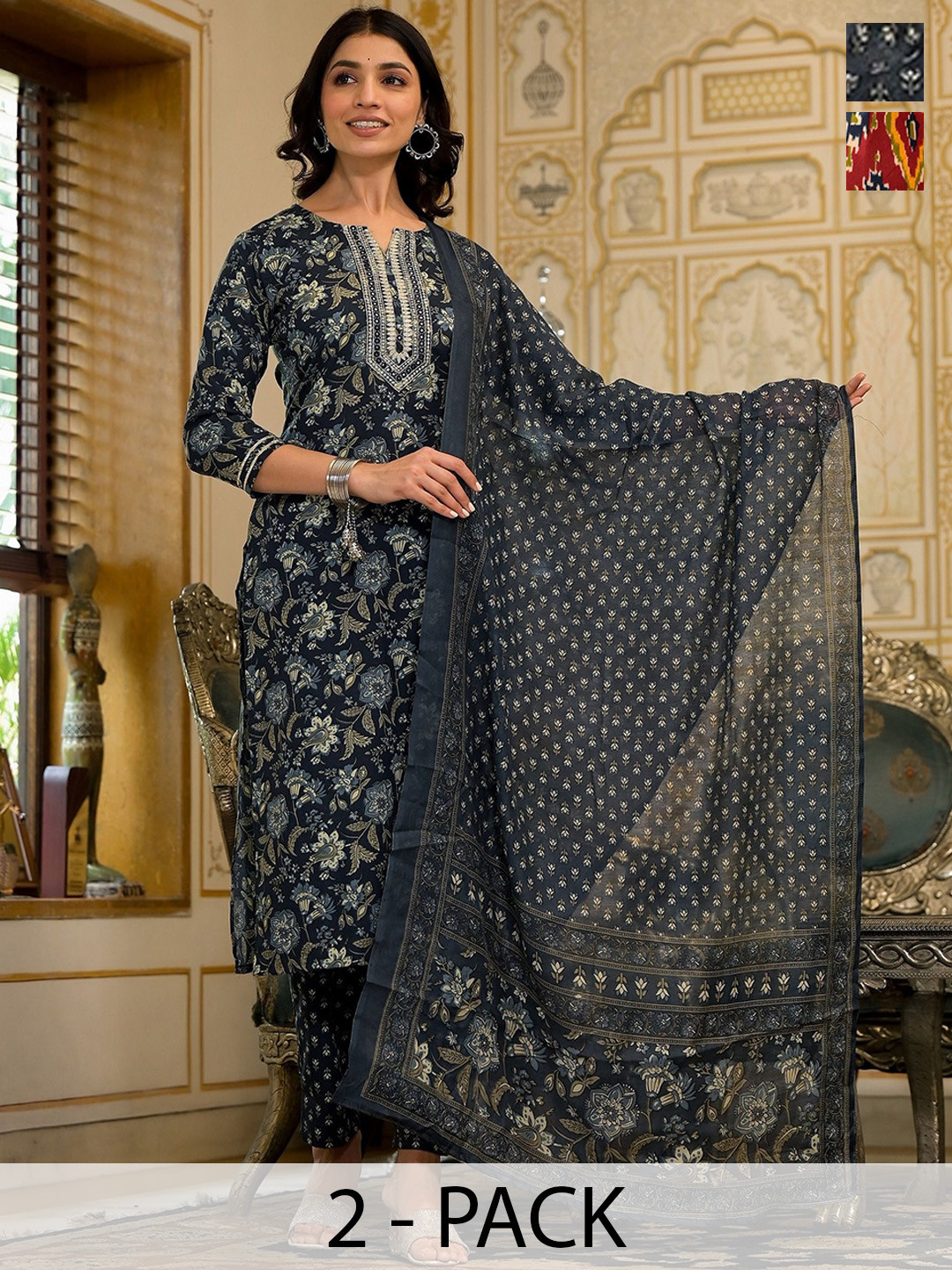 

KALINI Selection Of 2 Floral Printed Mirror Work Kurtas With Trousers & Dupattas, Black