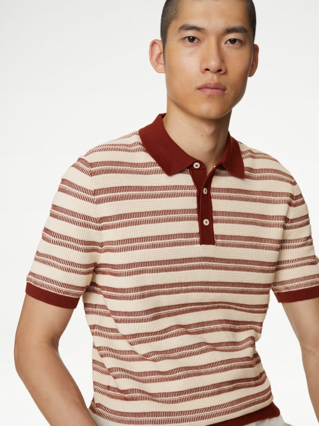 

Marks & Spencer Men Striped Polo Collar Cotton T-shirt, Off white