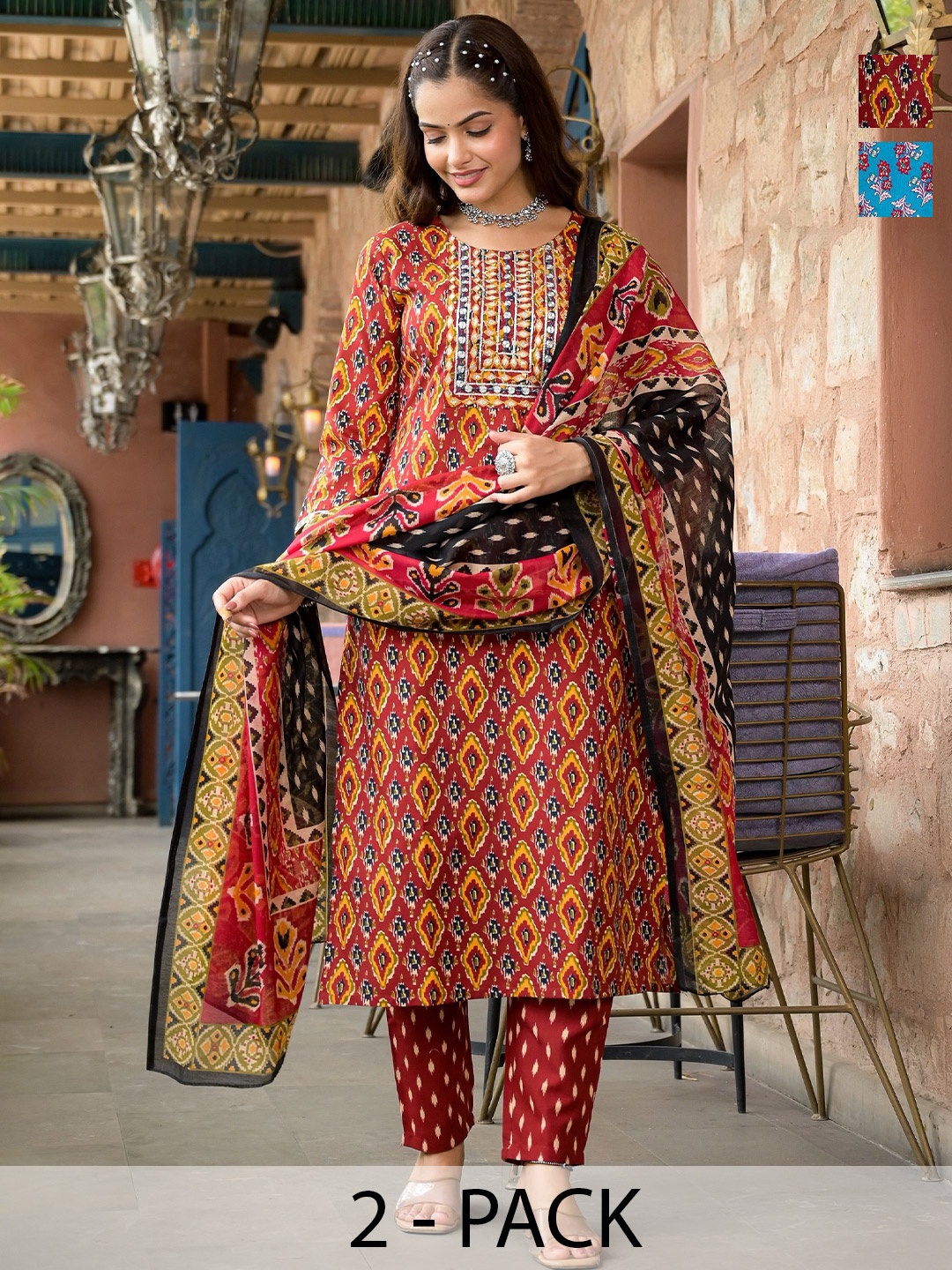 

KALINI Selection Of 2 Ethnic Motifs Printed Mirror Work Kurtas With Trousers & Dupattas, Red