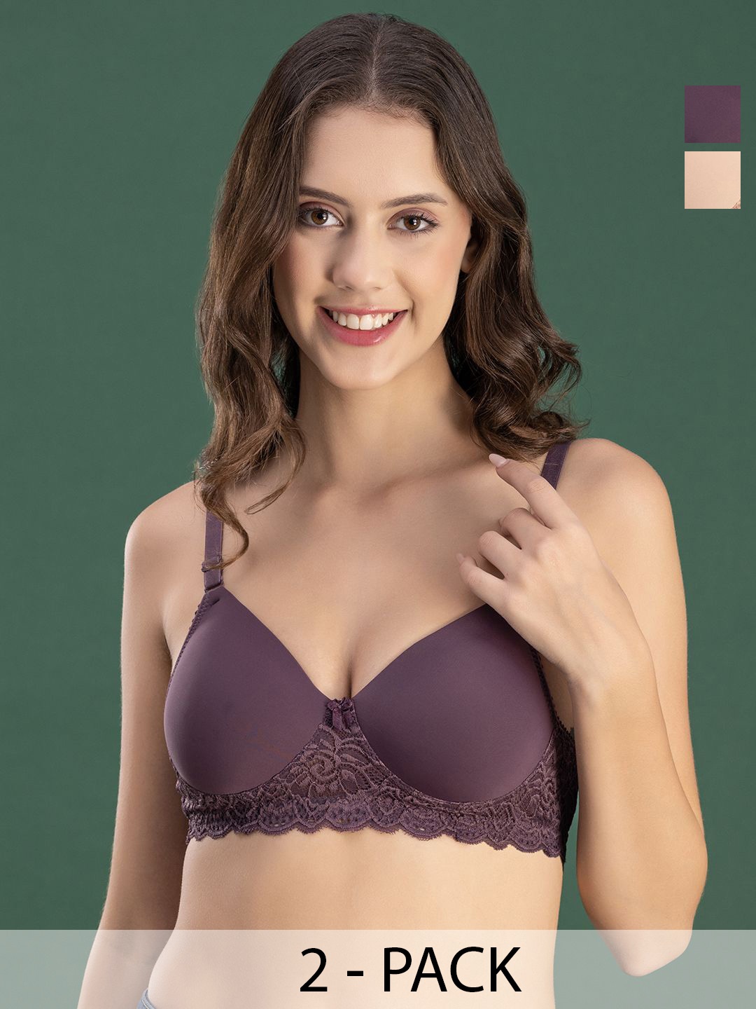 

DressBerry Pack Of 2 Lace Medium Coverage Lightly Padded T-shirt Bra, Purple