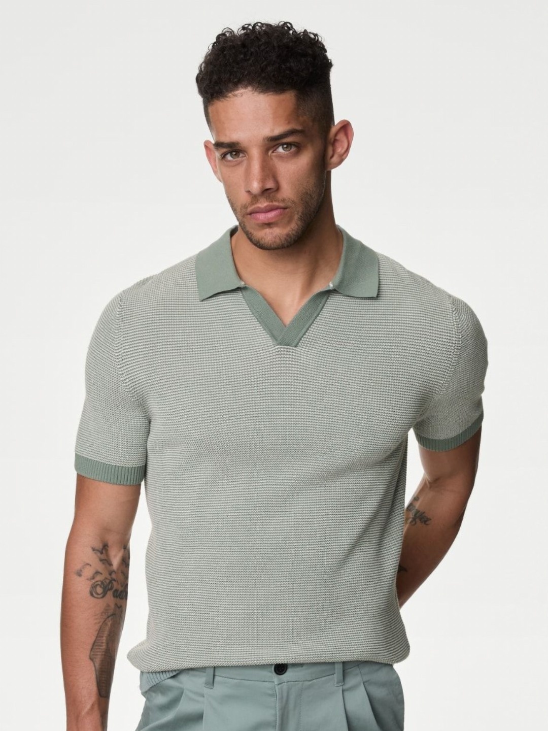 

Marks & Spencer Men Self Design Polo Collar Cotton T-shirt, Green