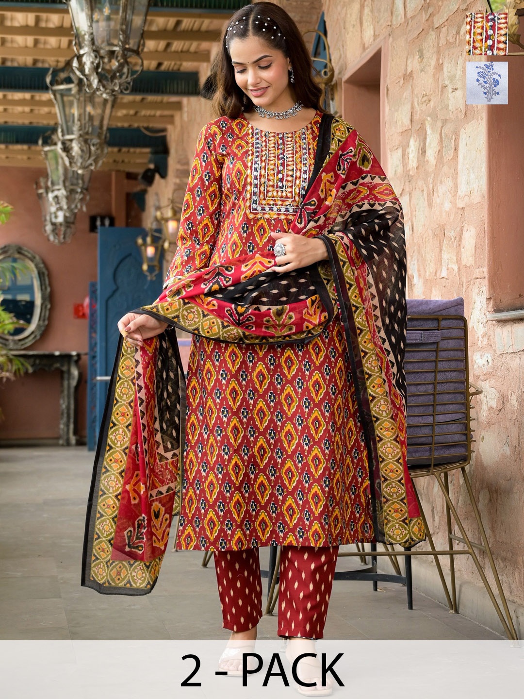 

KALINI Selection Of 2 Ethnic Motifs Printed Mirror Work Kurtas With Trousers & Dupattas, Red