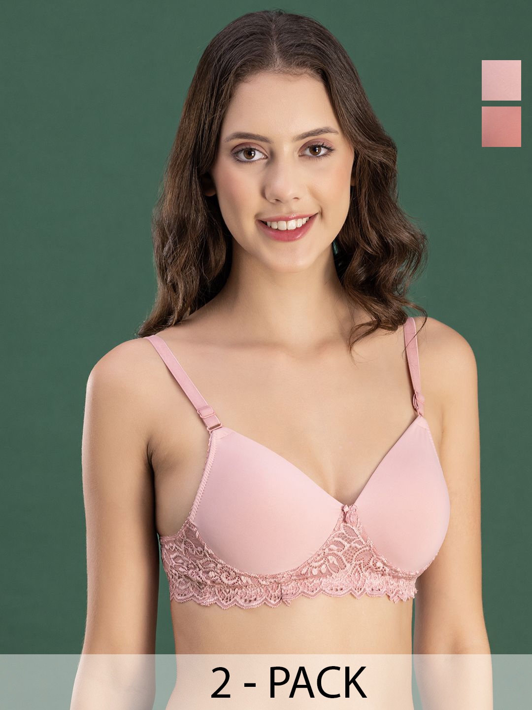 

DressBerry Pack Of 2 Lace Medium Coverage Lightly Padded T-shirt Bra, Peach