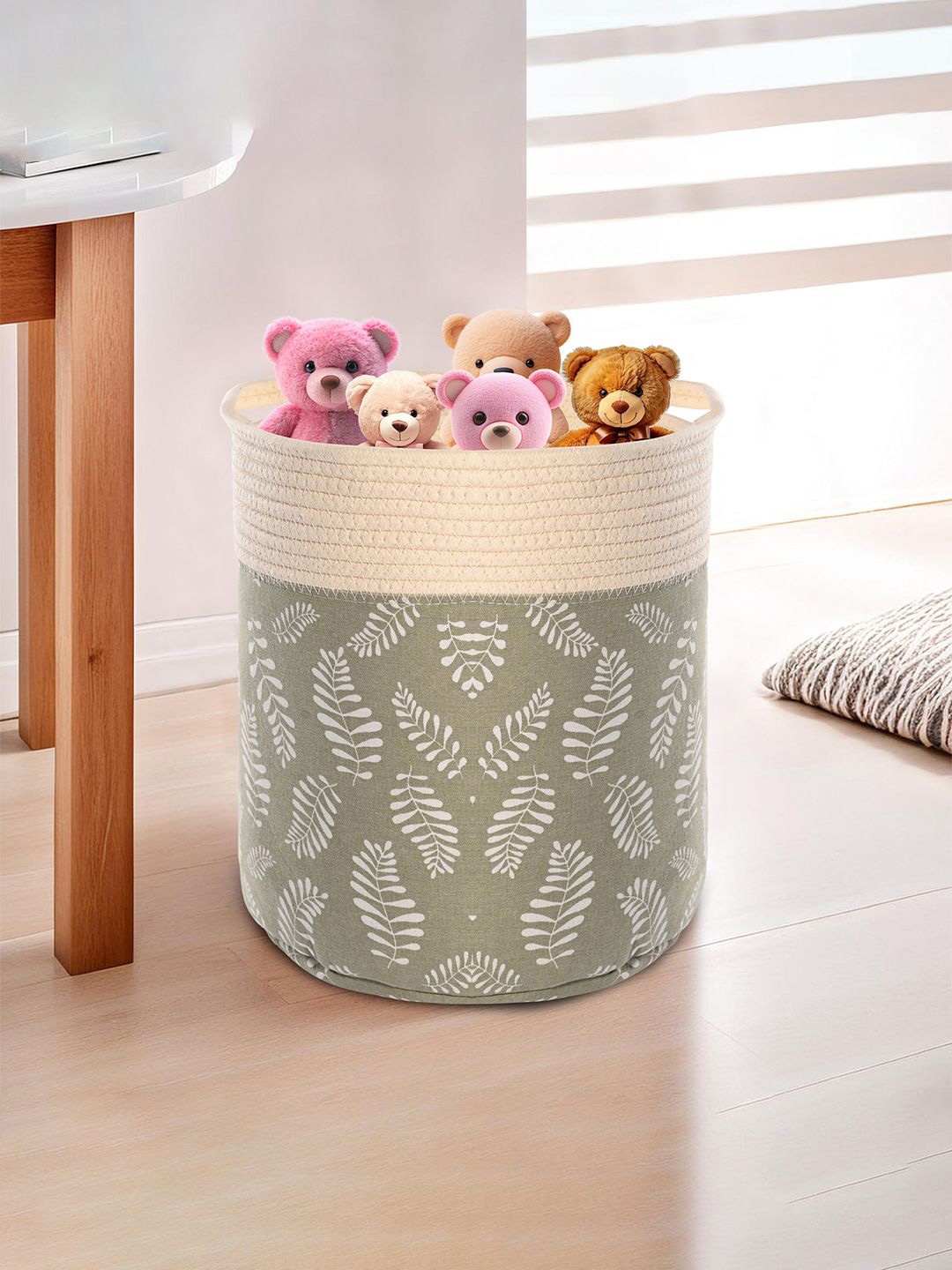 

Kuber Industries Green & White 5 Pieces Leaves Printed Tote Basket Organisers With Handles
