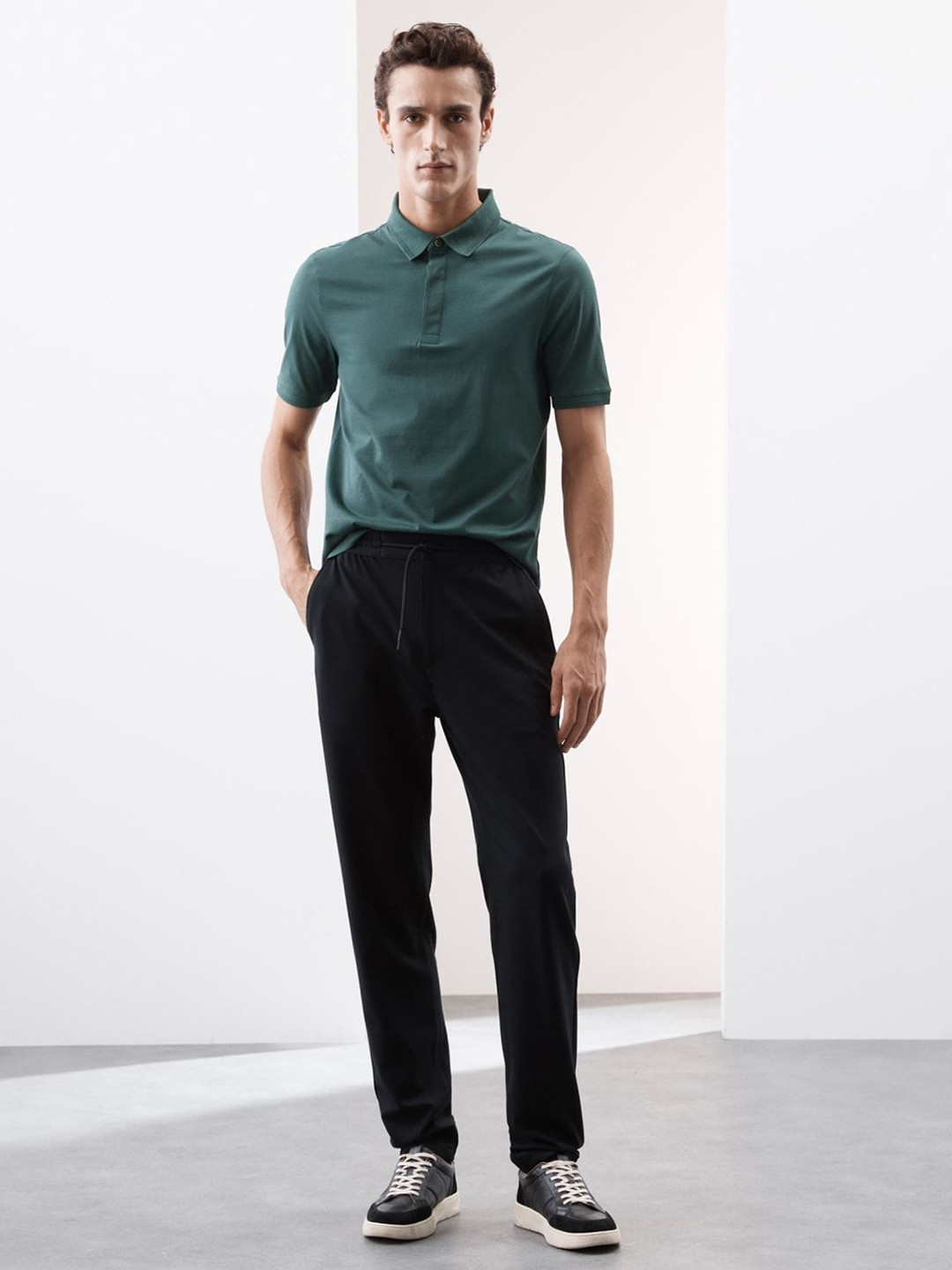 

Marks & Spencer Men Solid Polo Collar Cotton T-shirt, Green