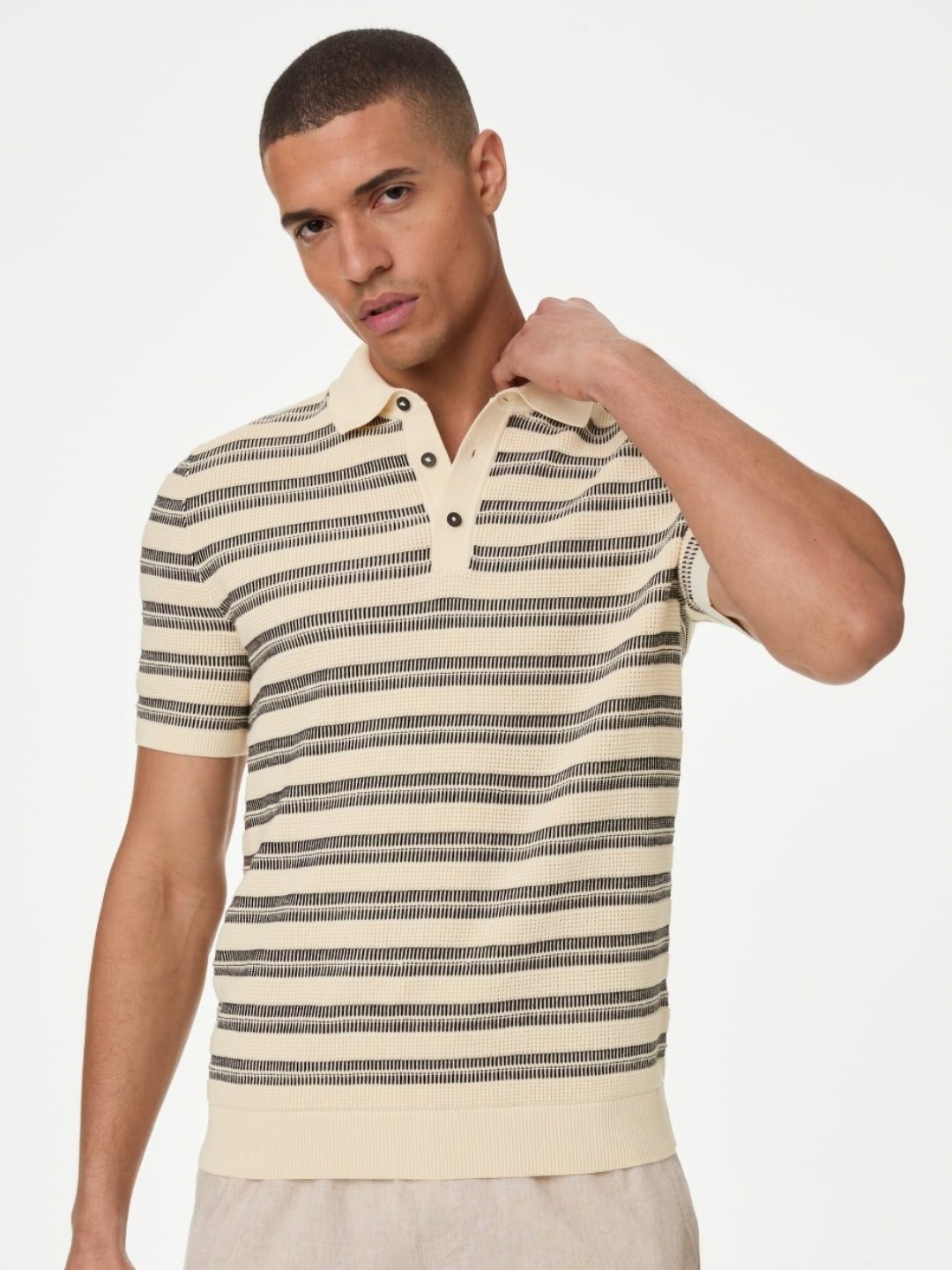 

Marks & Spencer Men Striped Polo Collar Cotton T-shirt, Beige