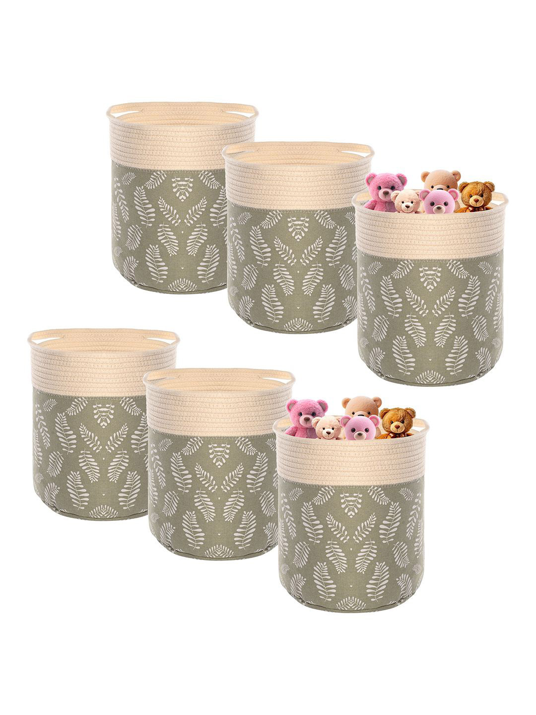 

Kuber Industries Green & White 6 Pieces Leaves Printed Tote Basket Organisers With Handles