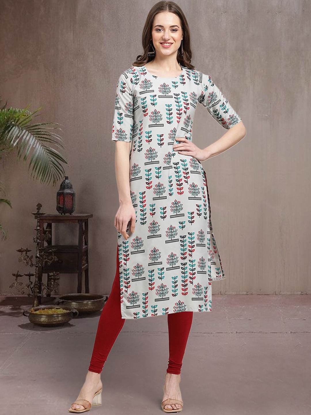 

7Threads Ethnic Motifs Printed Round Neck Straight Kurta, Grey