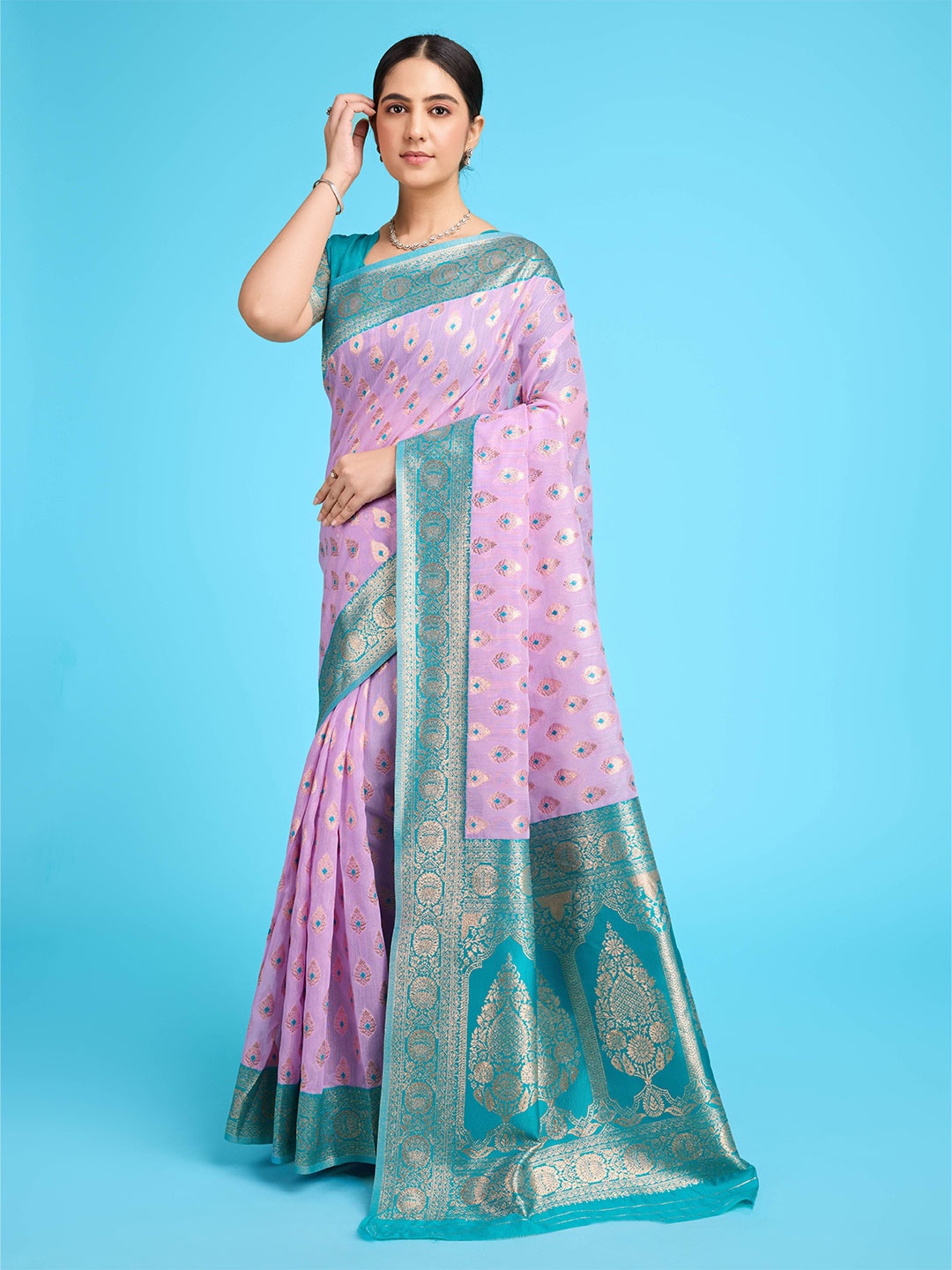 

bansari textiles Woven Design Zari Pure Linen Banarasi Saree, Purple