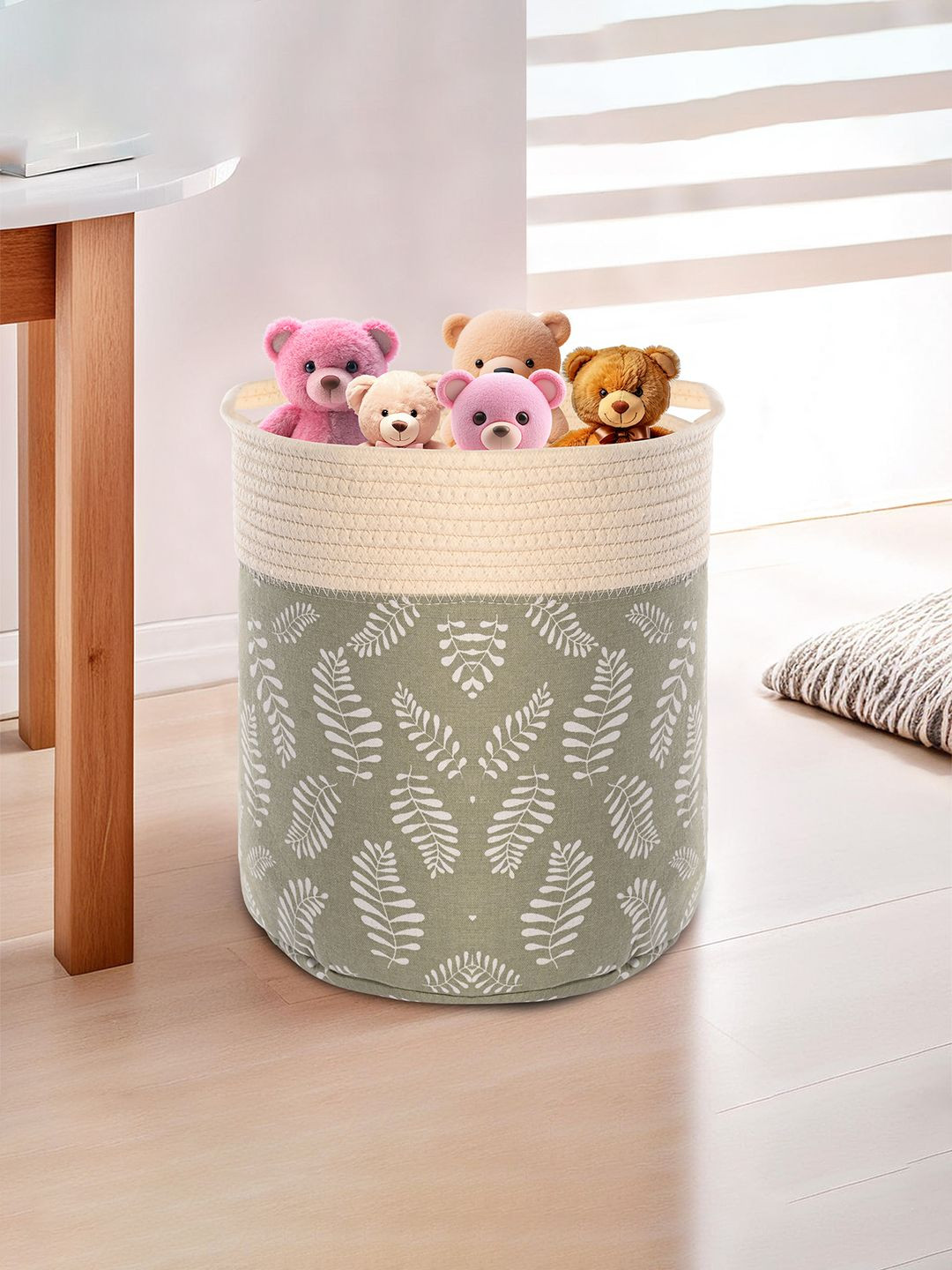 

Kuber Industries Green & White 2 Pieces Leaves Printed Tote Basket Organisers With Handles