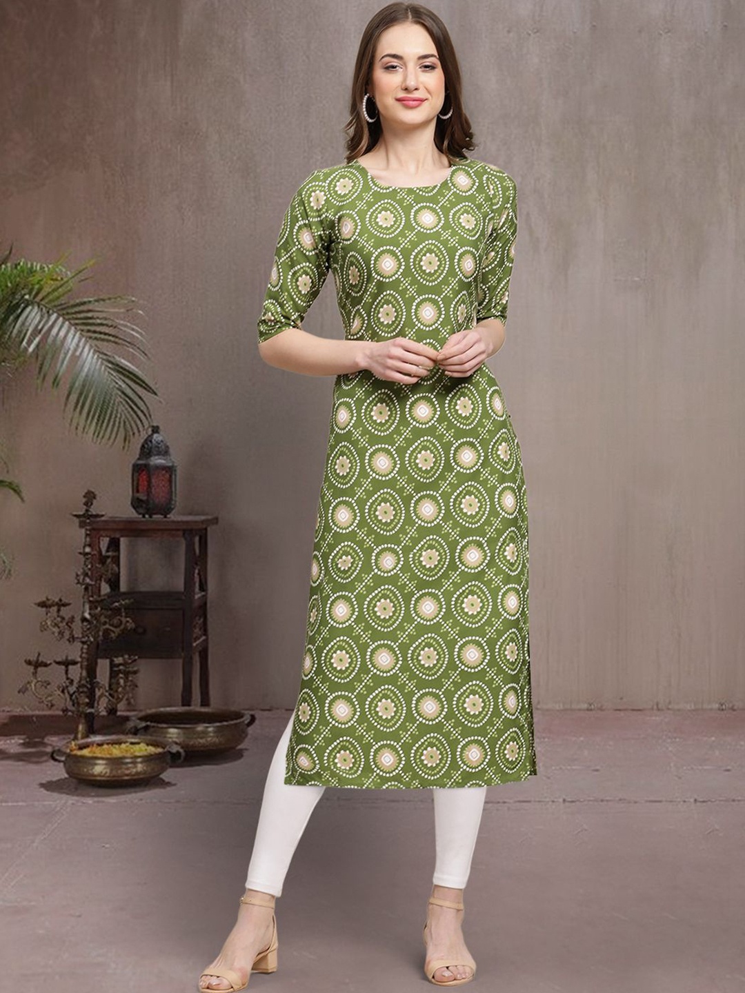 

7Threads Ethnic Motifs Printed Round Neck Straight Kurta, Olive