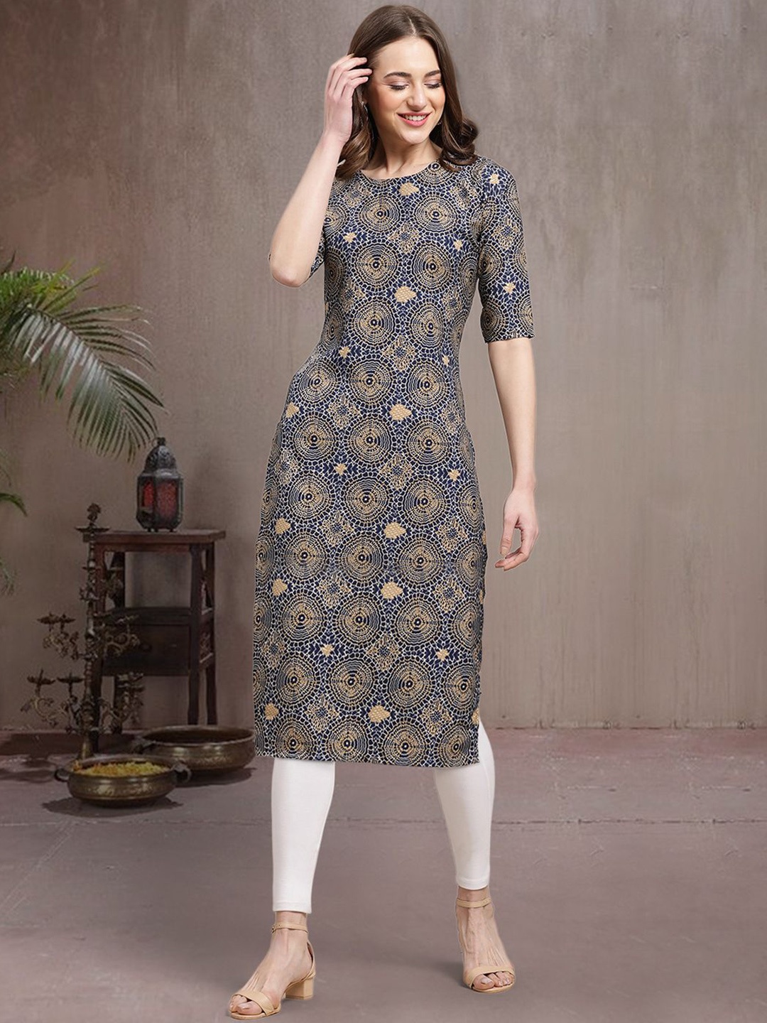 

7Threads Geometric Printed Round Neck Straight Kurta, Blue