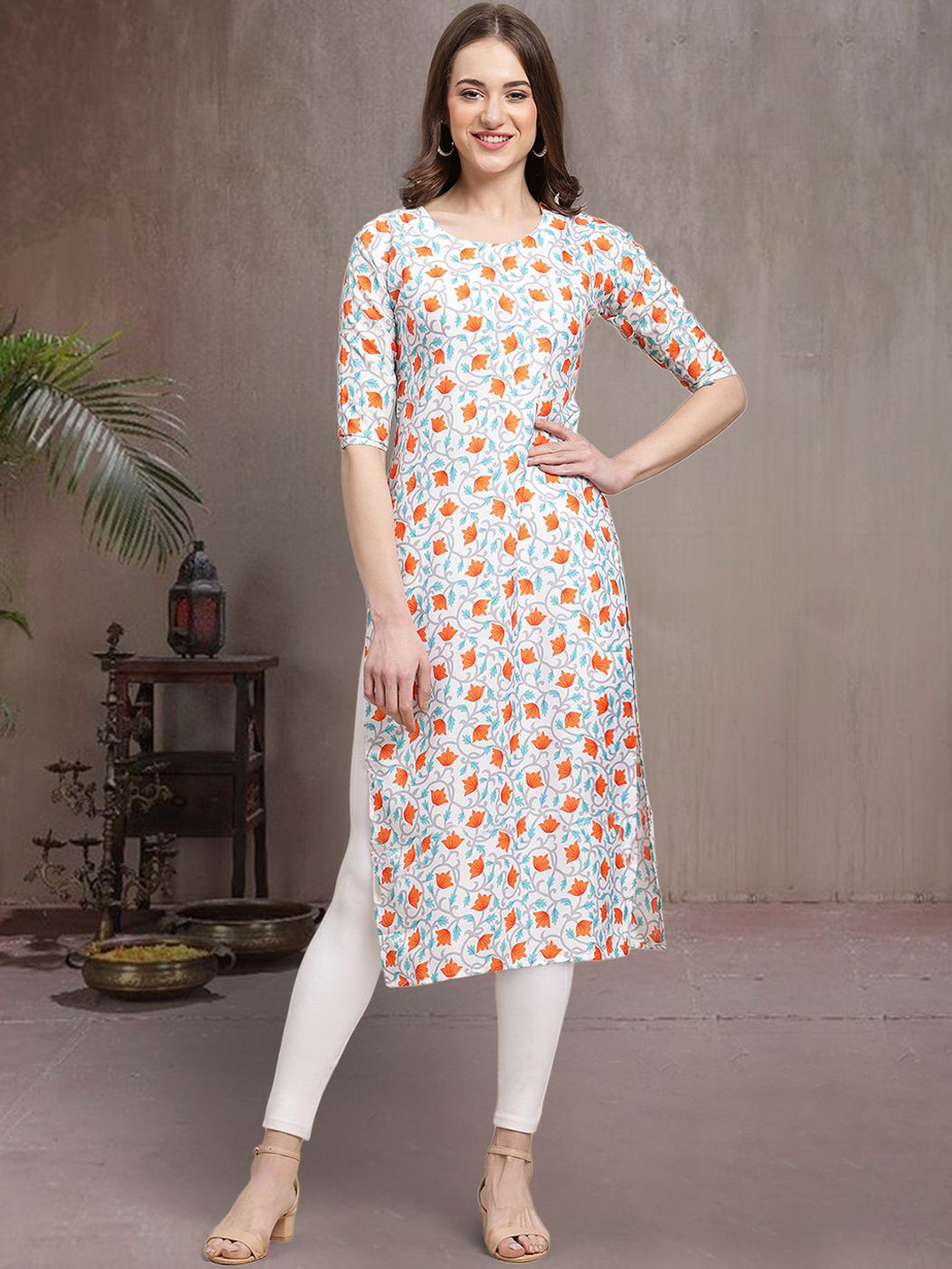 

7Threads Ethnic Motifs Printed Round Neck Straight Kurta, White