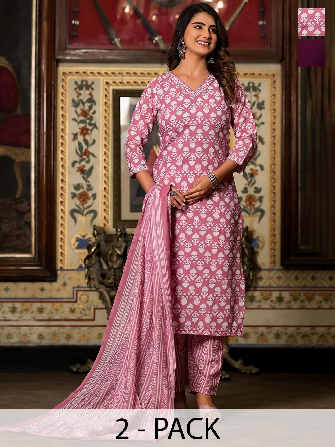 

KALINI Selection Of 2 Ethnic Motifs Printed Straight Kurta With Trousers & Dupatta, Maroon