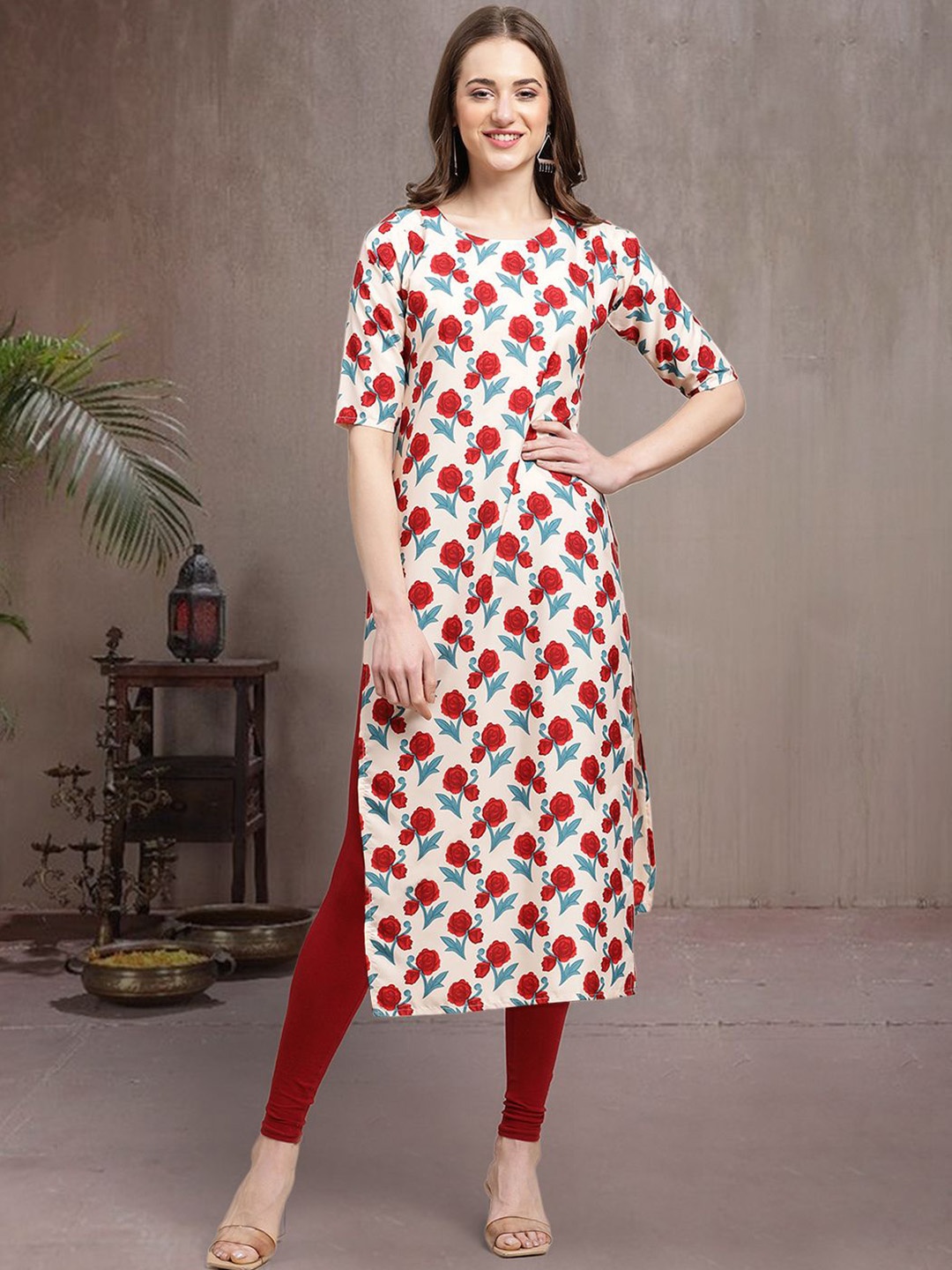 

7Threads Floral Printed Round Neck Straight Kurta, Red
