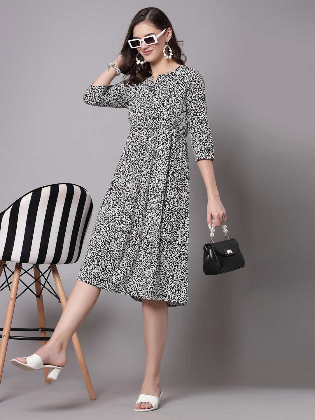

kipek Printed Fit & Flare Dress, Black