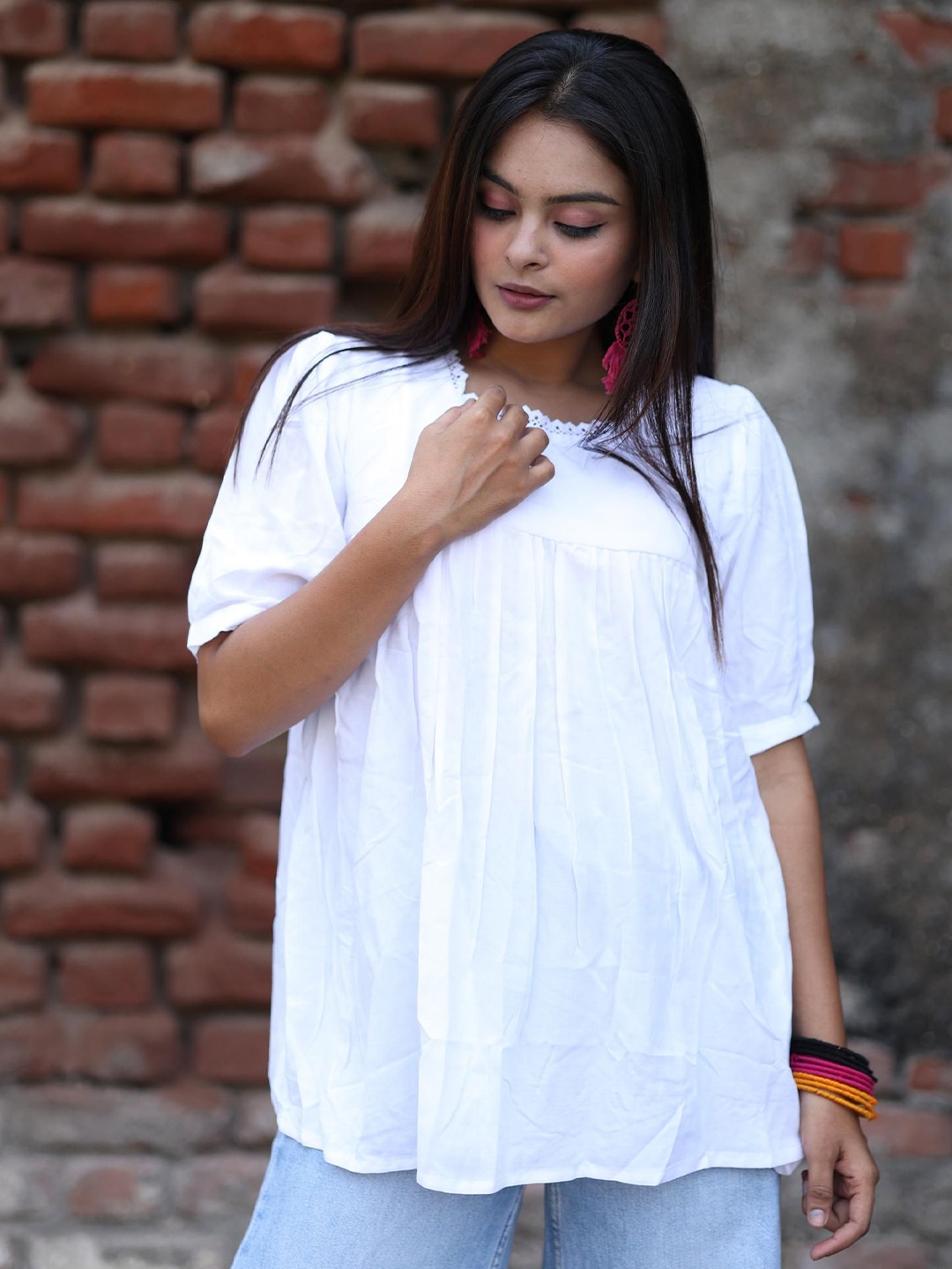 

LADAKDI Pleated Cotton A-Line Top, White