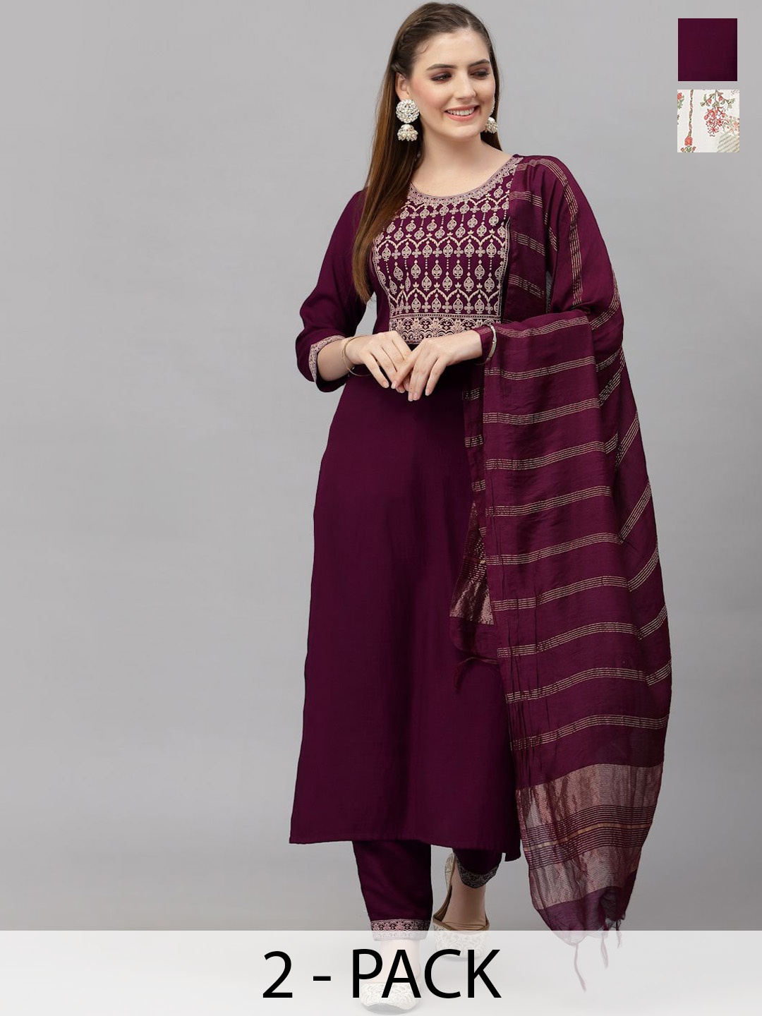 

KALINI Selection Of 2 Ethnic Motifs Printed Straight Kurta With Trousers & Dupatta, Maroon