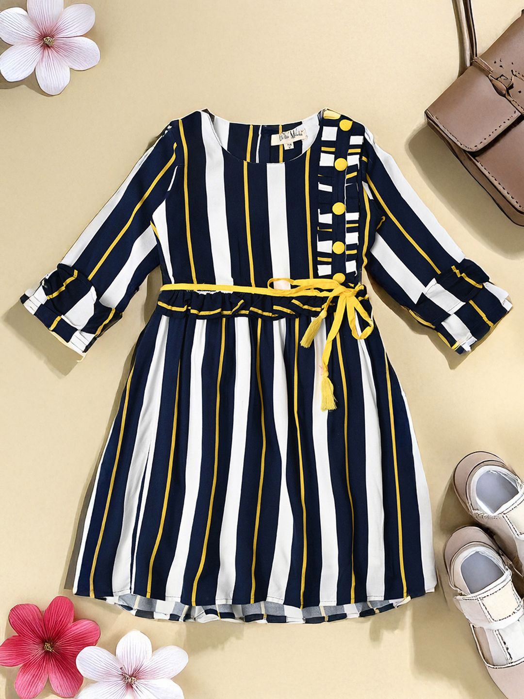 

Bella Moda Girls Striped Belted A-Line Dress, Navy blue