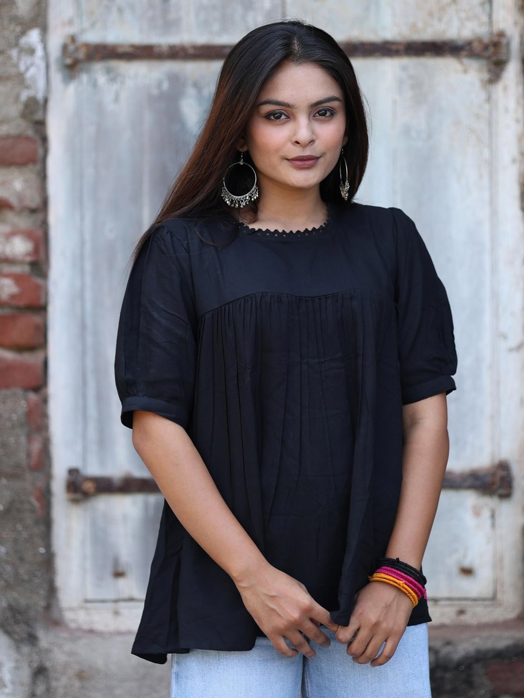 

LADAKDI Women Pleated Cotton Top, Black