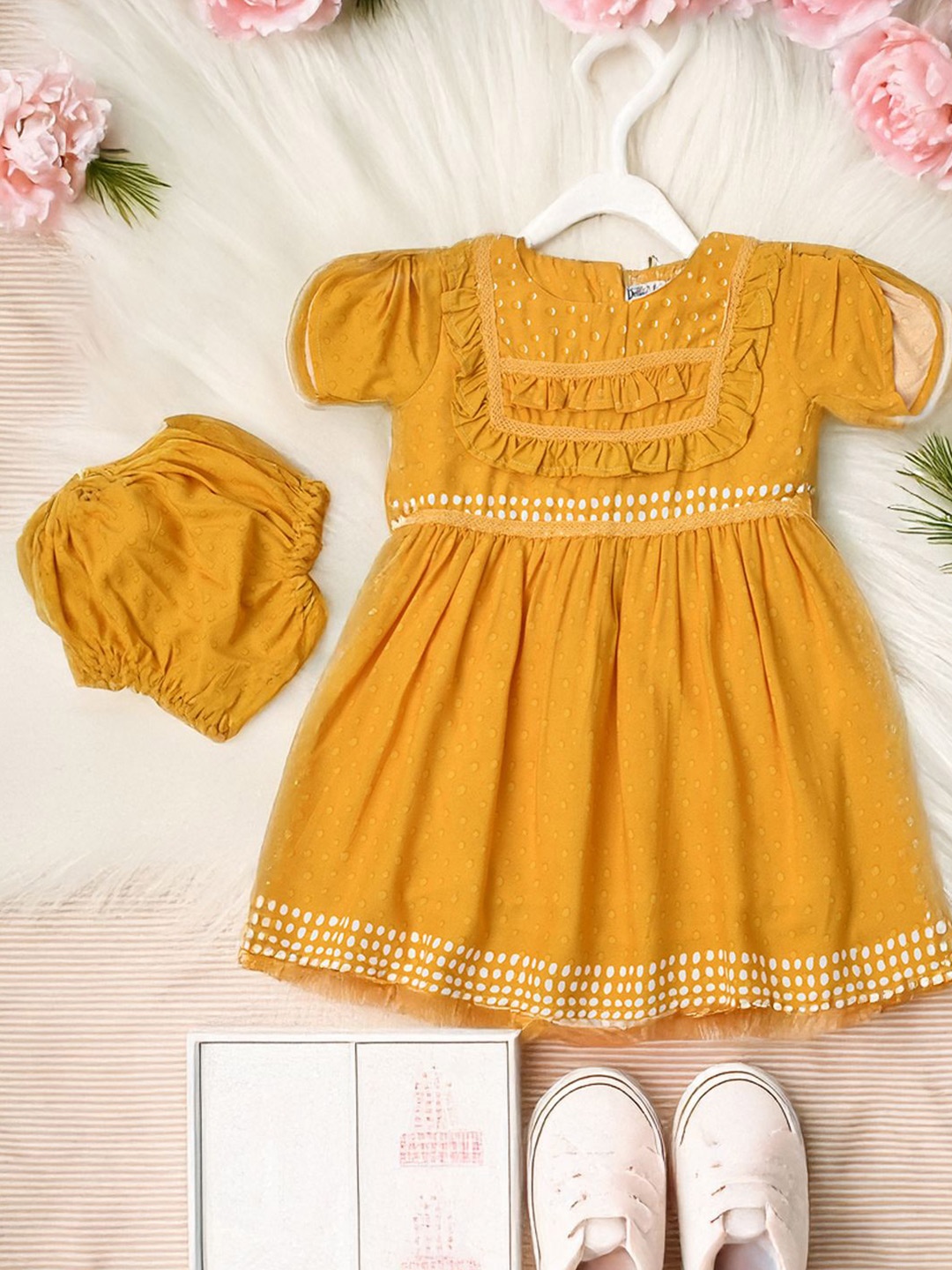 

Bella Moda Girls Lace-Up Cotton Fit & Flare Dress With Bloomer, Mustard