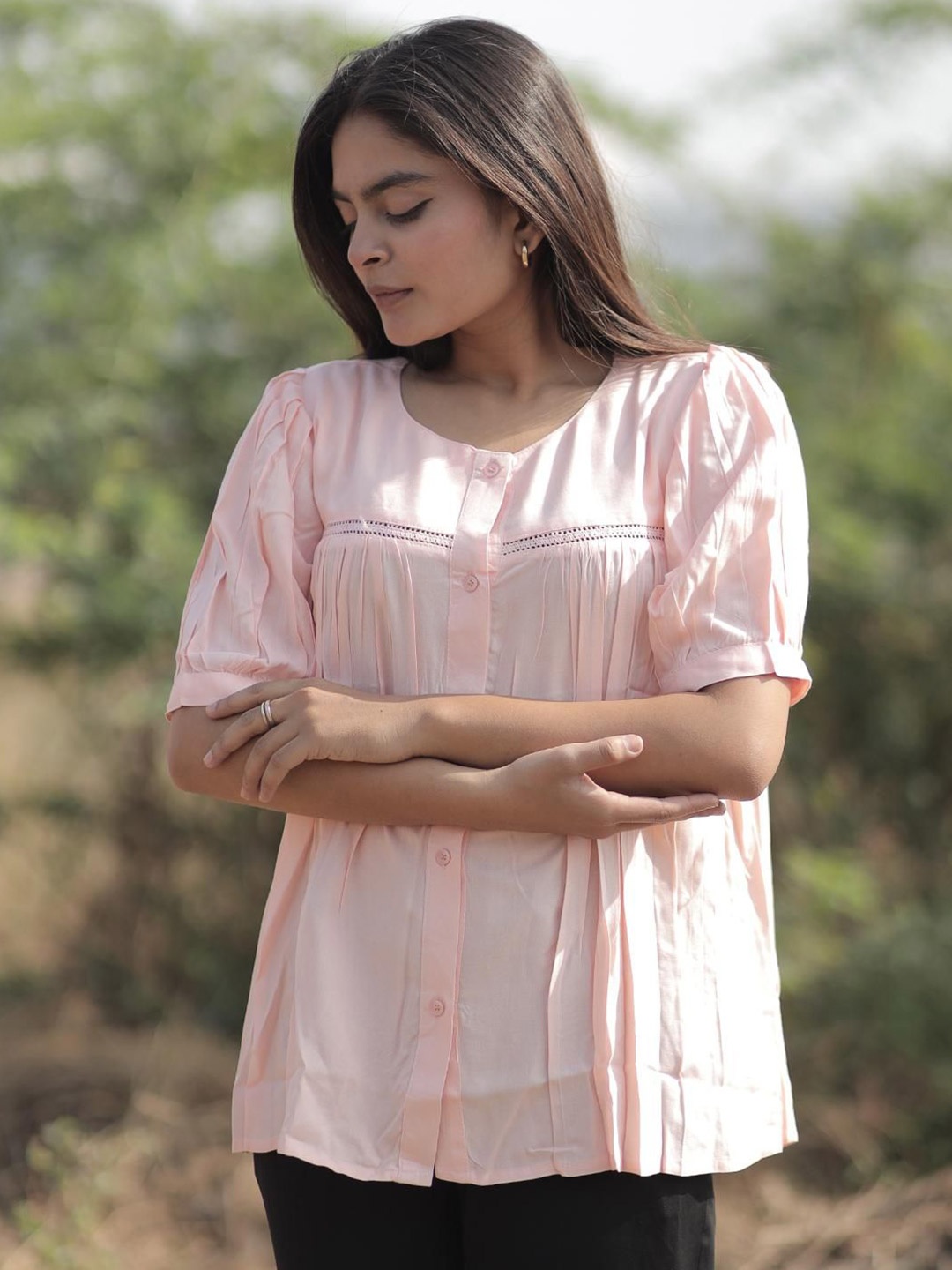 

LADAKDI Pleated Cotton Shirt Style Top, Pink