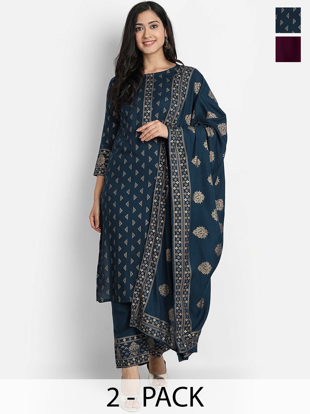 

KALINI Selection Of 2 Ethnic Motifs Printed Straight Kurta With Trousers & Dupatta, Blue