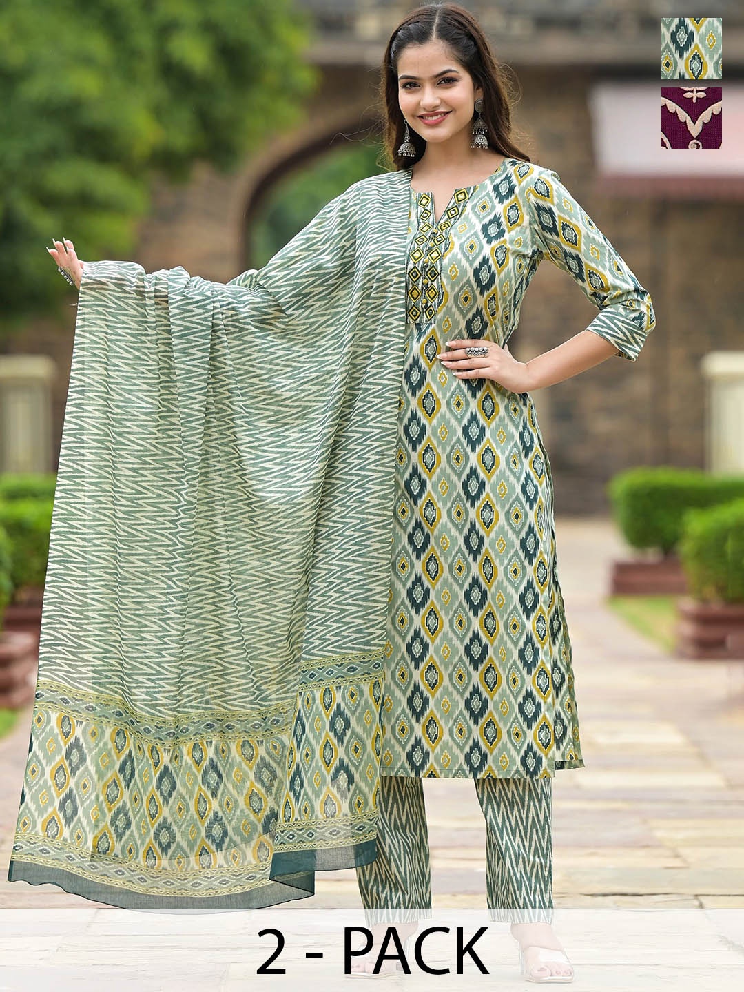 

KALINI Selection Of 2 Ethnic Motifs Printed Straight Kurta With Trousers & Dupatta, Green