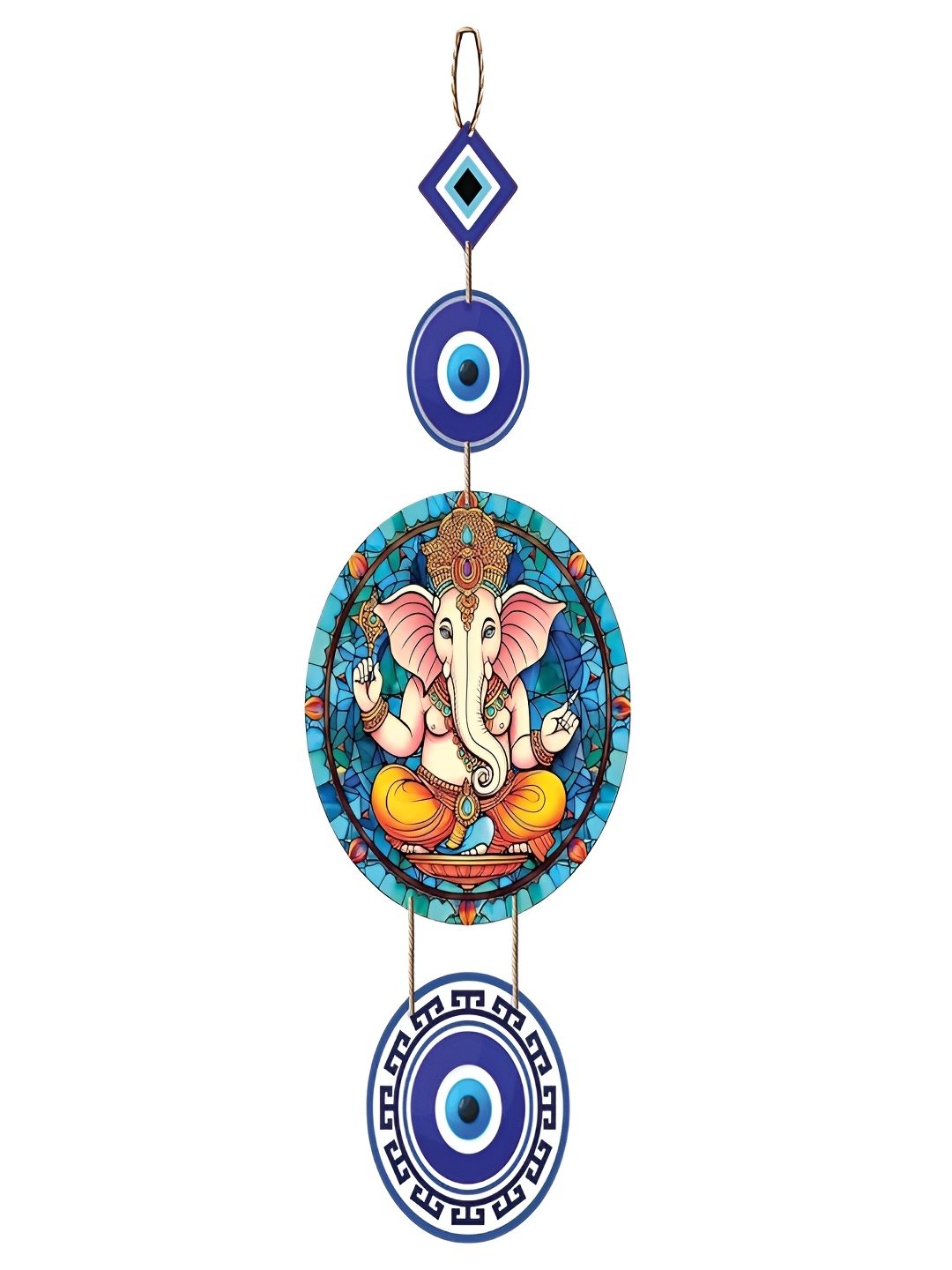 

DALUCI Blue & Orange-Coloured Lord Ganesha Printed Wooden Wall Hanging Decor