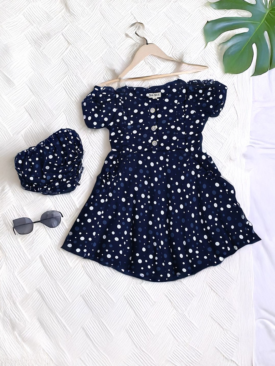 

Bella Moda Girls Polka Dot Printed Cotton Fit & Flare Dress With Bloomer, Navy blue