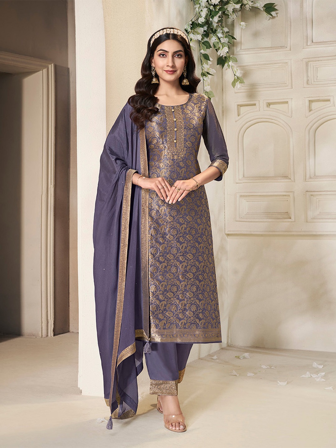 

Seerat Ethnic Motifs Woven Design Zari Pure Silk Straight Kurta With Trousers & Dupatta, Blue