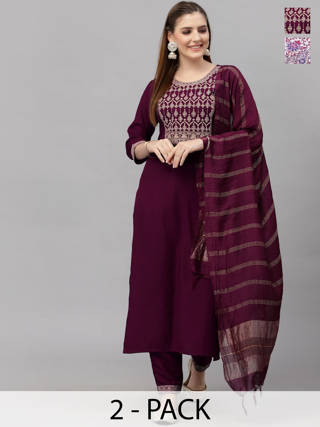 

KALINI Pack Of 2 Floral Printed V- Neck Anarkali Kurta With Trousers & Dupatta, Purple