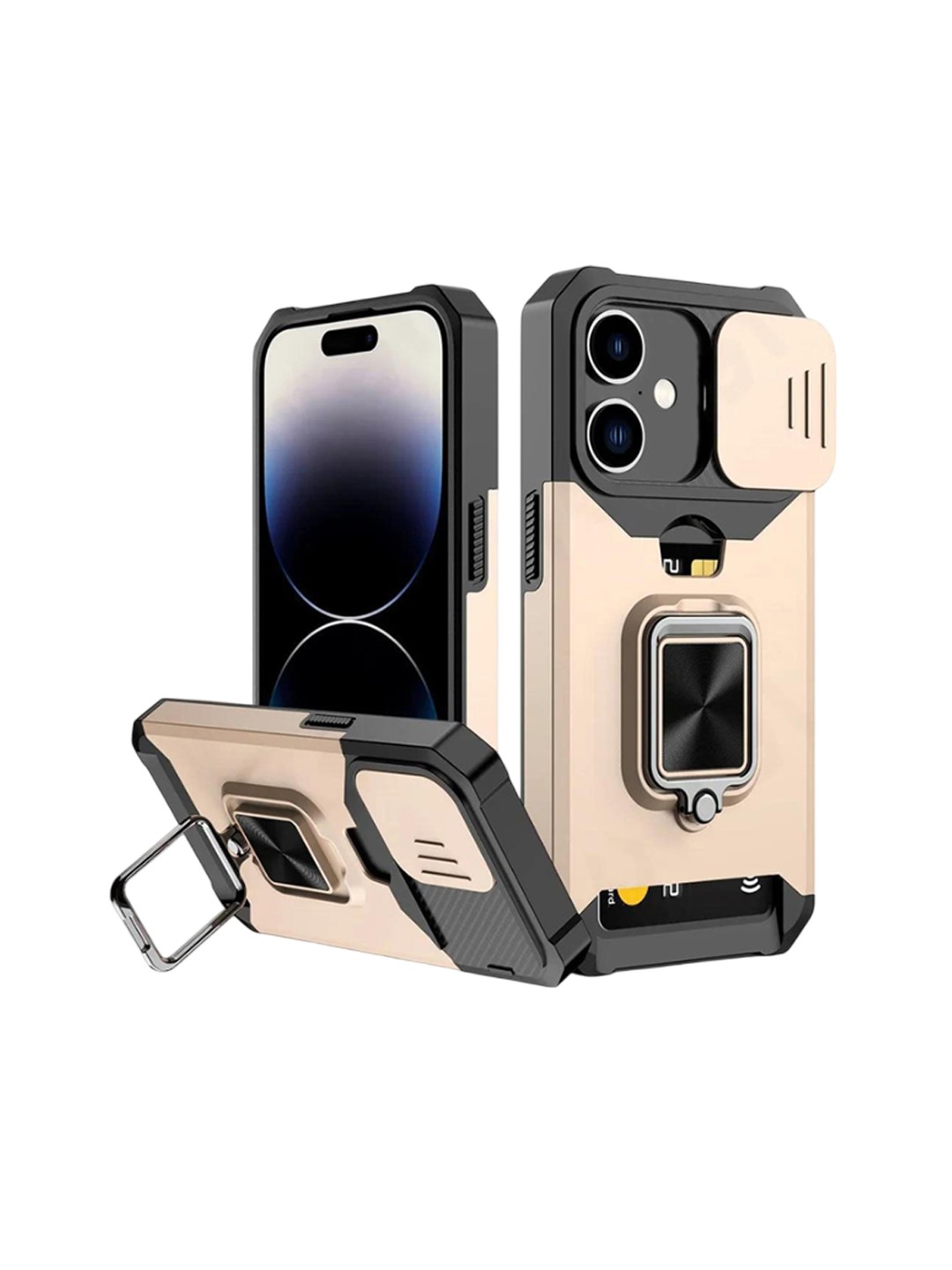 

Luxury Kase LK177 Camera Slide Protection Ring Magnetic Kickstand iPhone 16 Plus Back Case, Gold