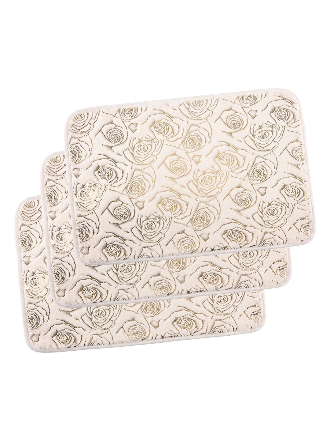 

Kuber Industries Unisex Gold Toned & White 3 Pieces Floral Printed Doormats