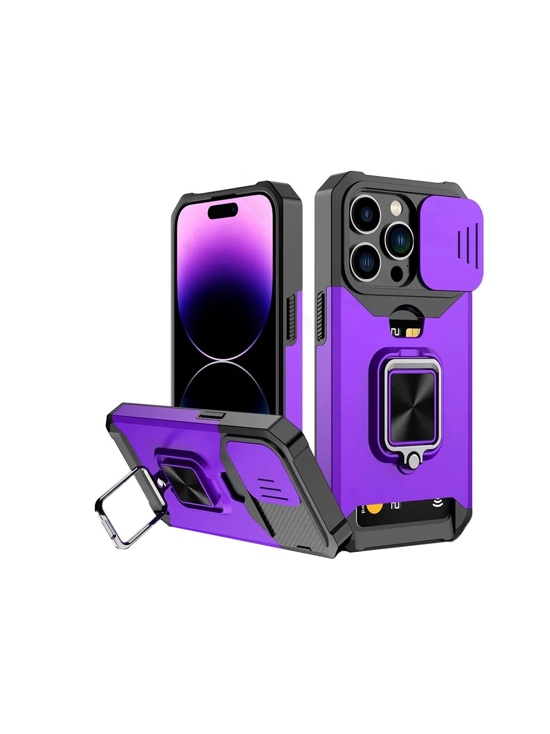 

Luxury Kase LK177 Camera Slide Protection Ring Magnetic Kickstand iPhone 16 Pro Back Case, Purple