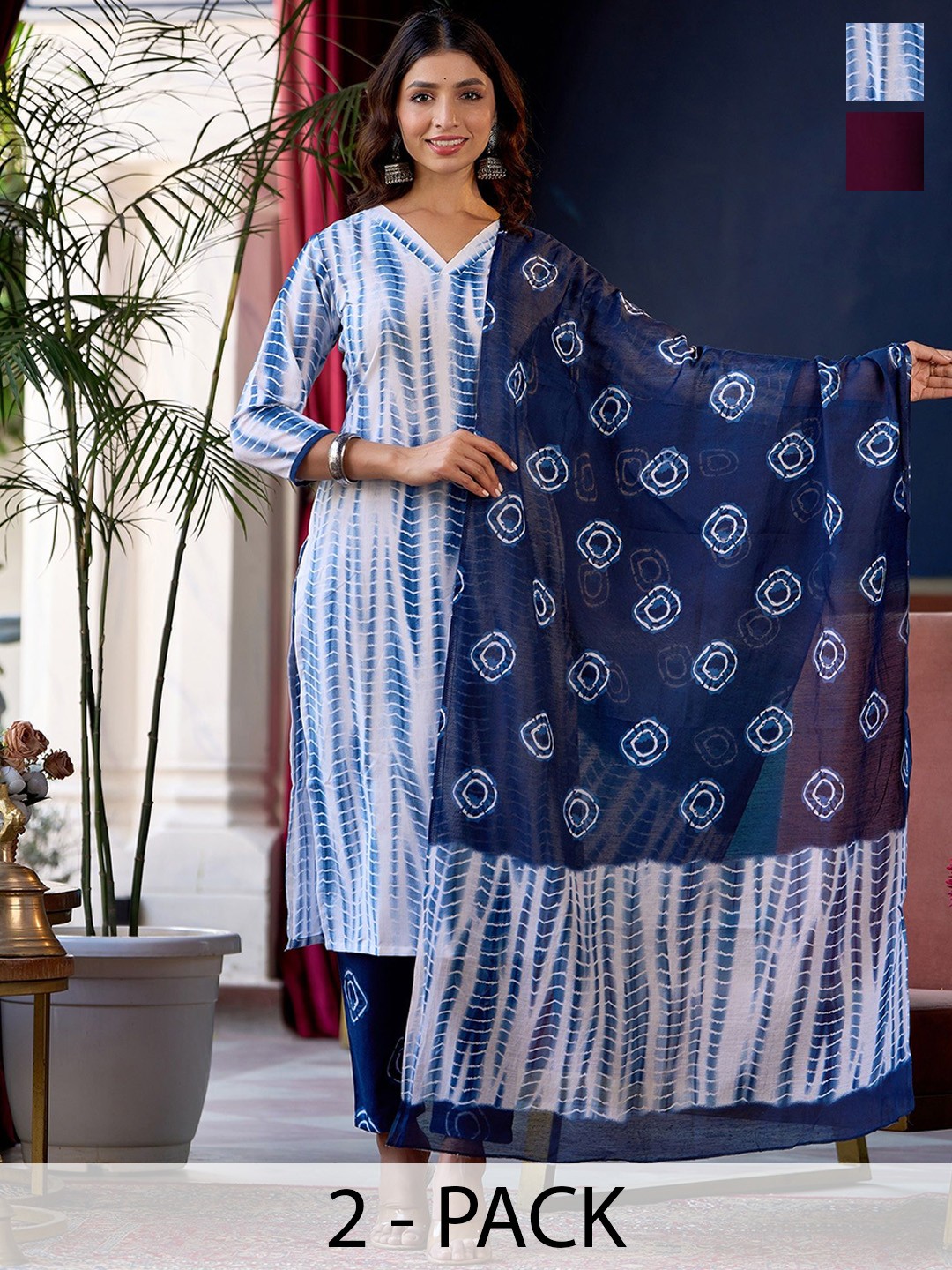 

KALINI Pack Of 2 Floral Embroidered Round Neck Straight Kurta With Trousers & Dupatta, Burgundy