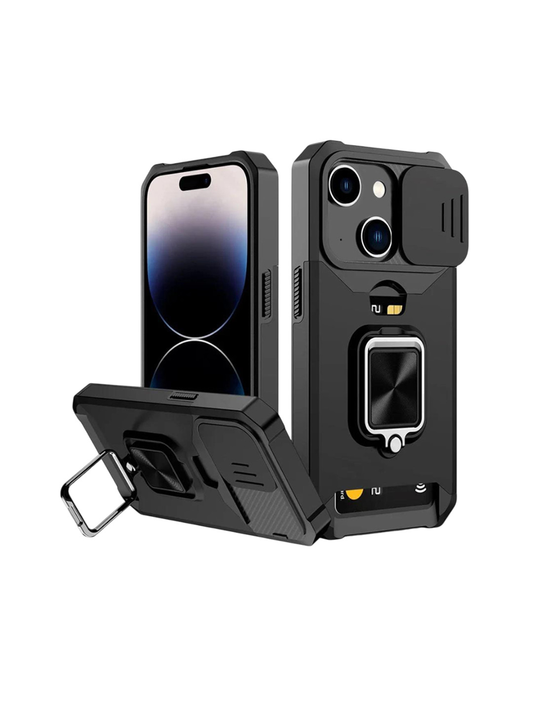 

Luxury Kase LK177 Camera Slide Protection Ring Magnetic Kickstand iPhone 15 Plus Back Case, Black
