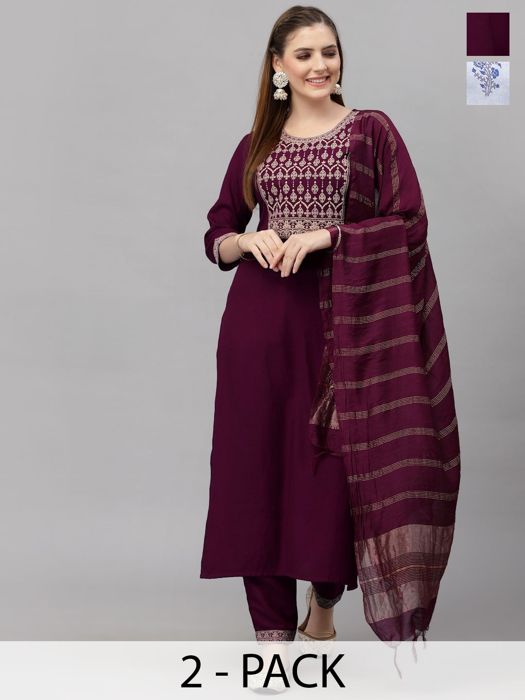 

KALINI Pack Of 2 Floral Printed Notch Neck Straight Kurta With Trousers & Dupatta, Burgundy