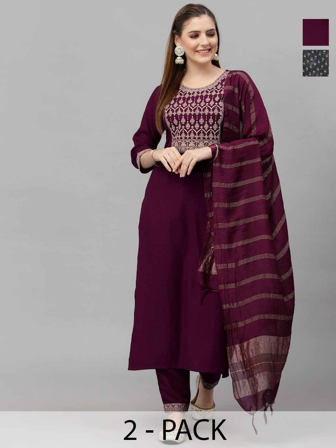 

KALINI Pack Of 2 Floral Printed Notch Neck Straight Kurta With Trousers & Dupatta, Green